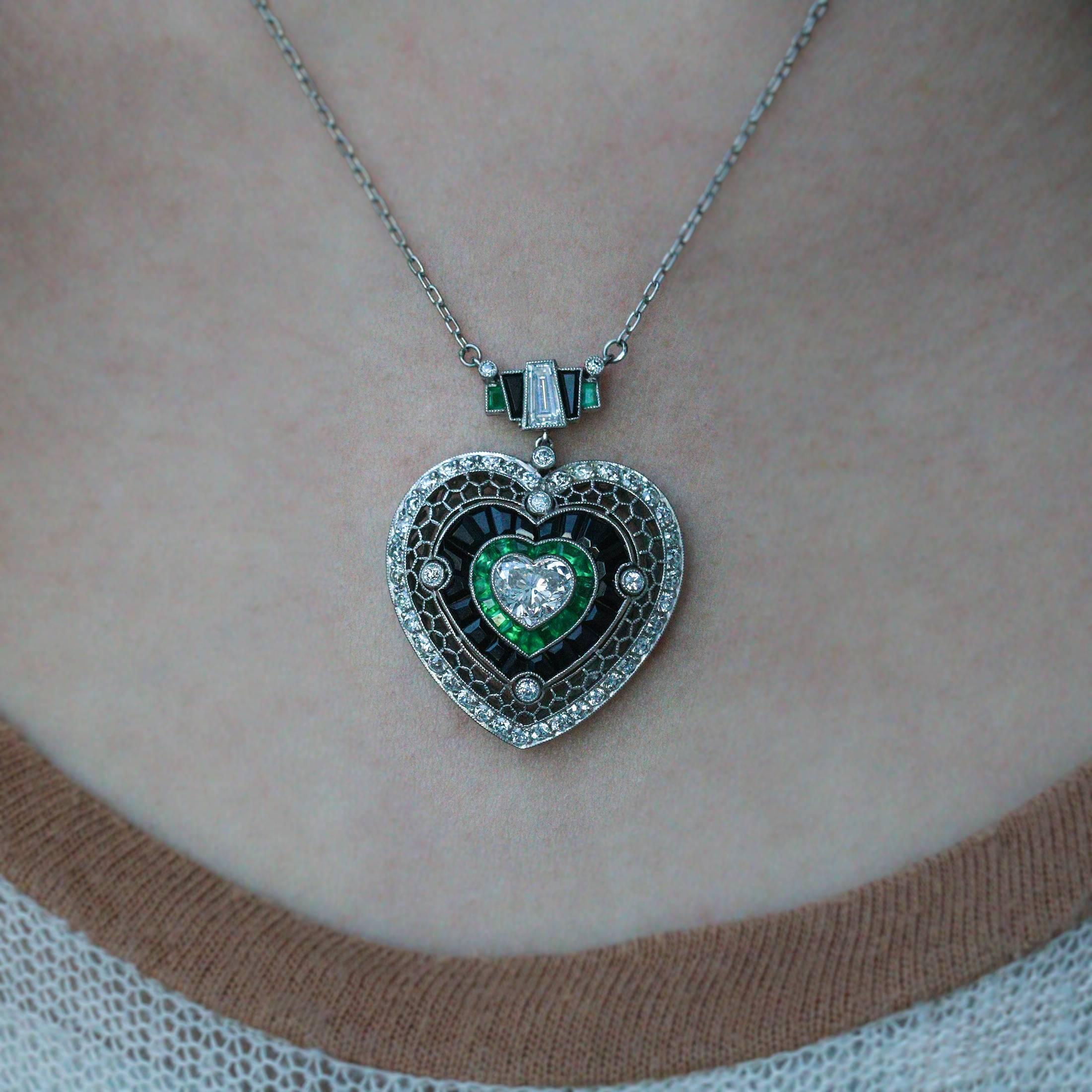 Heart Shape Diamond Emerald Onyx Necklace 2
