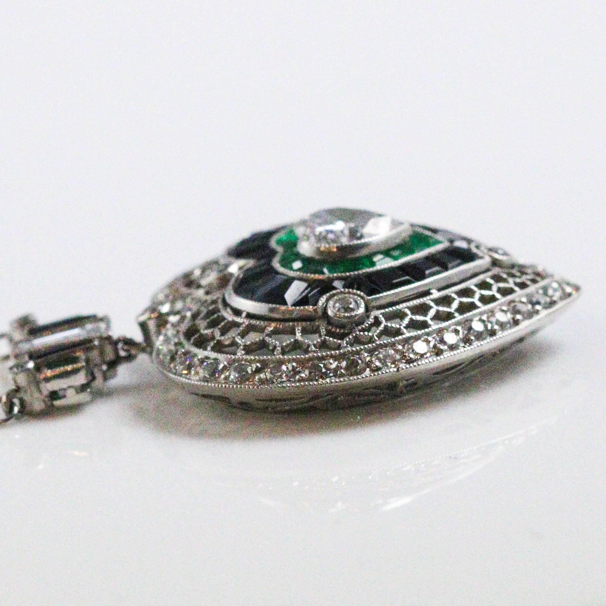 Old European Cut Heart Shape Diamond Emerald Onyx Necklace