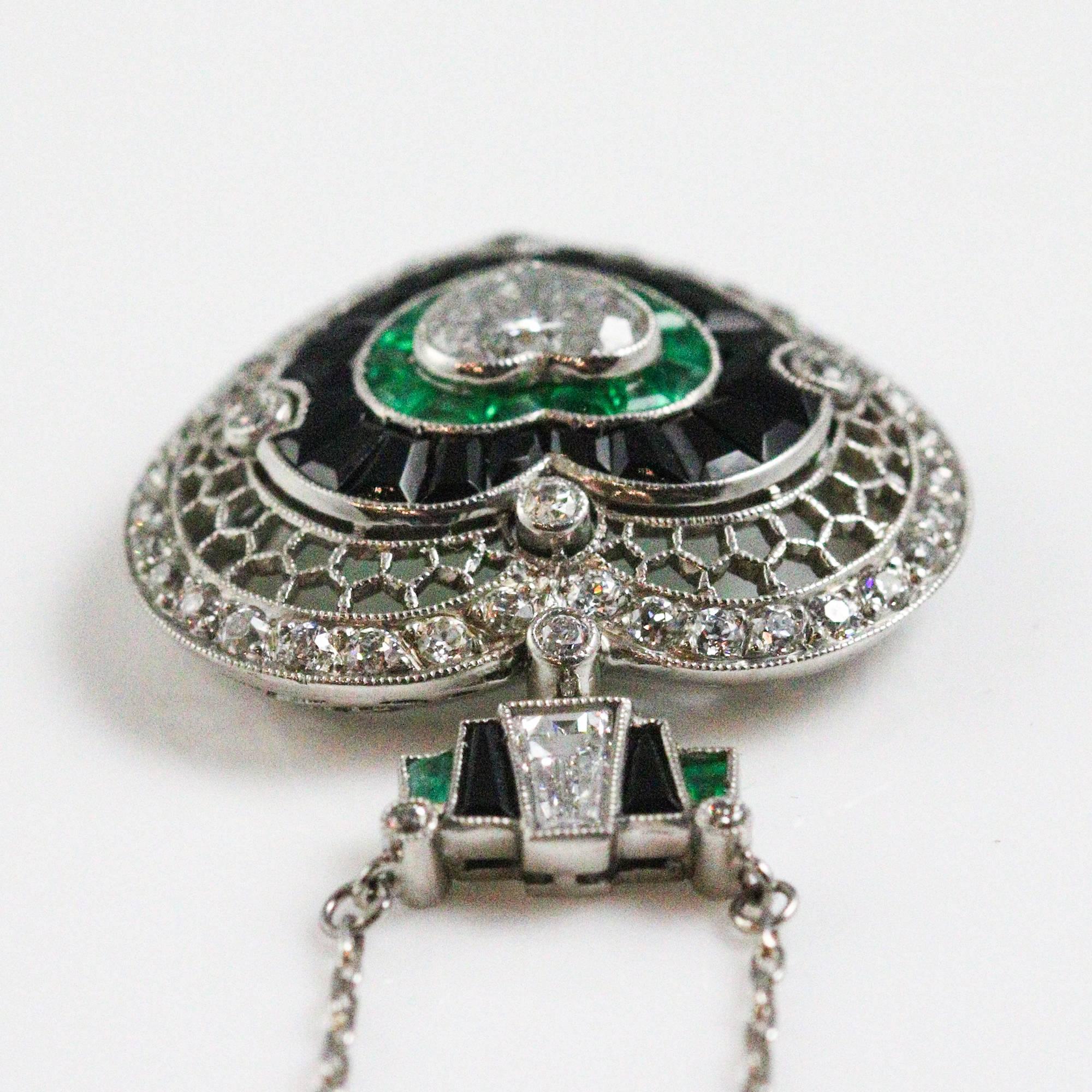 Women's Heart Shape Diamond Emerald Onyx Necklace