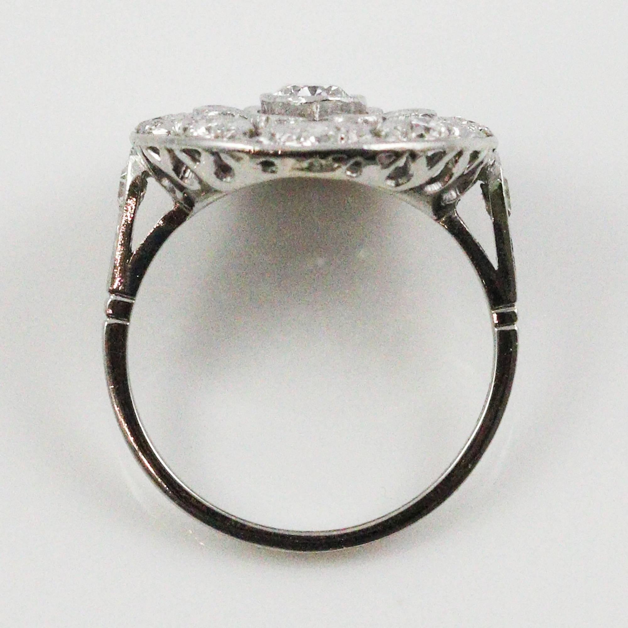 Women's Art Deco Platinum and European Cut Diamond Circle Motif Ring