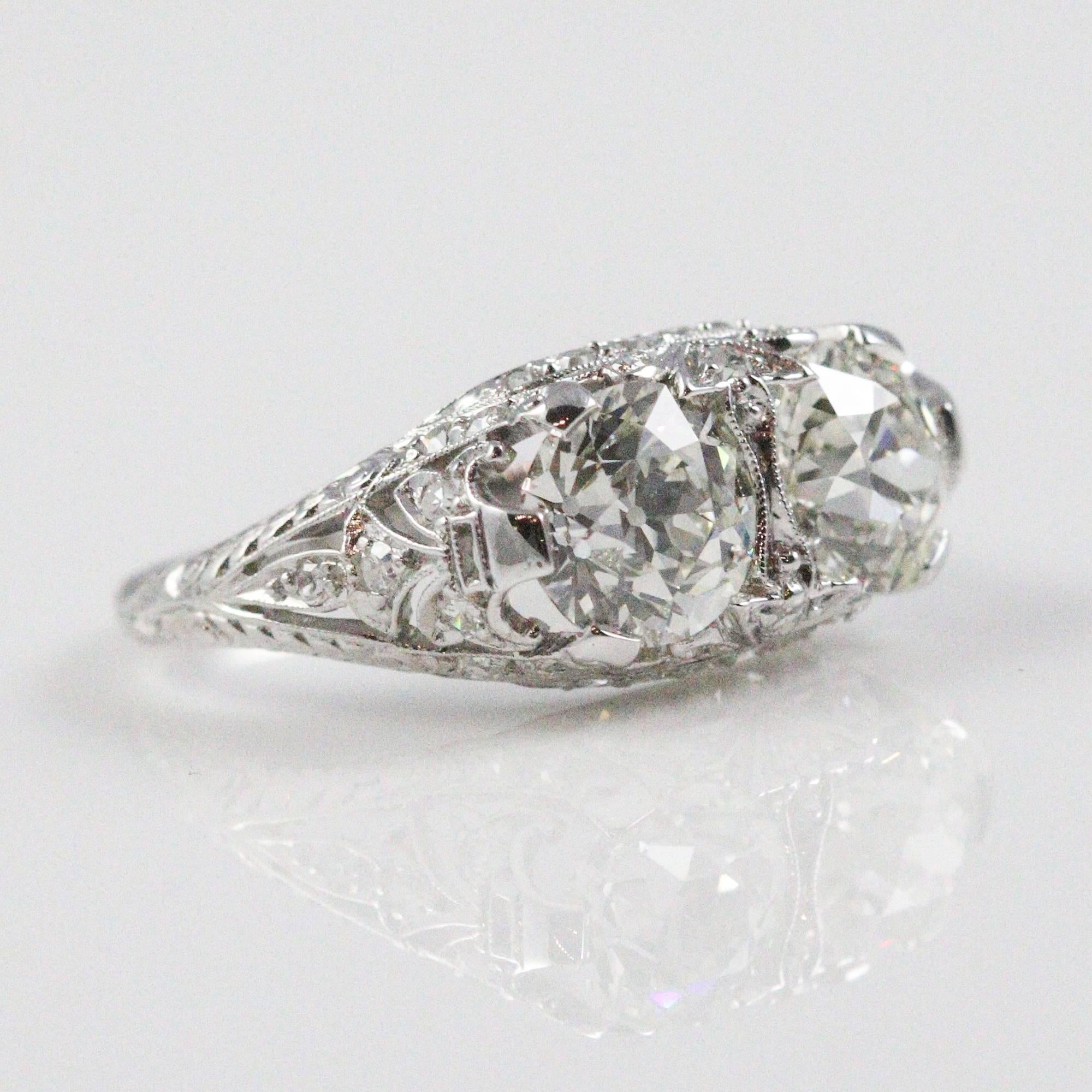 Elaborate Edwardian Double Stone European Cut Diamond Ring 1