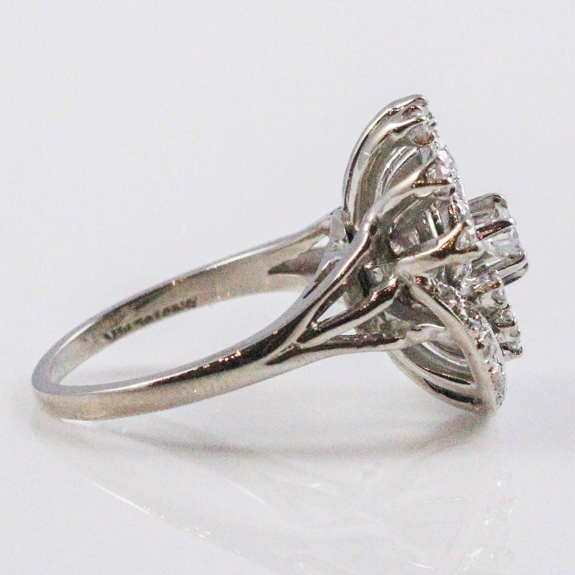 Women's Unique 1950s Retro 14 karat White Gold and Diamond Cluster Ring