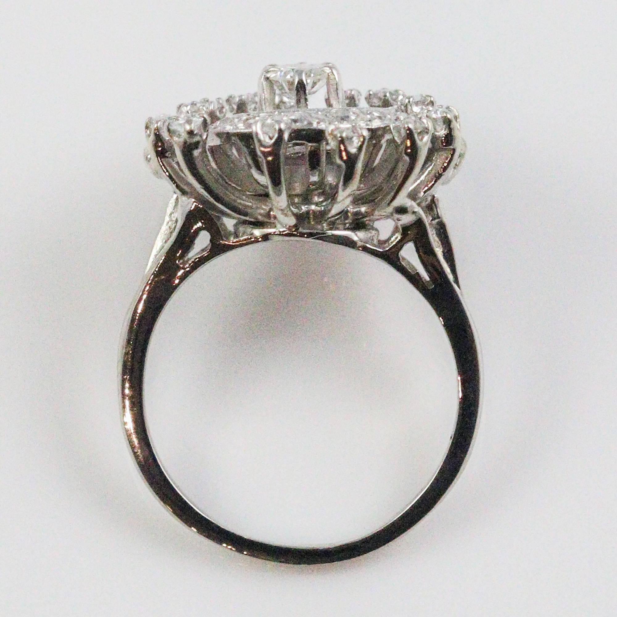 Unique 1950s Retro 14 karat White Gold and Diamond Cluster Ring In Excellent Condition In Birmingham, AL