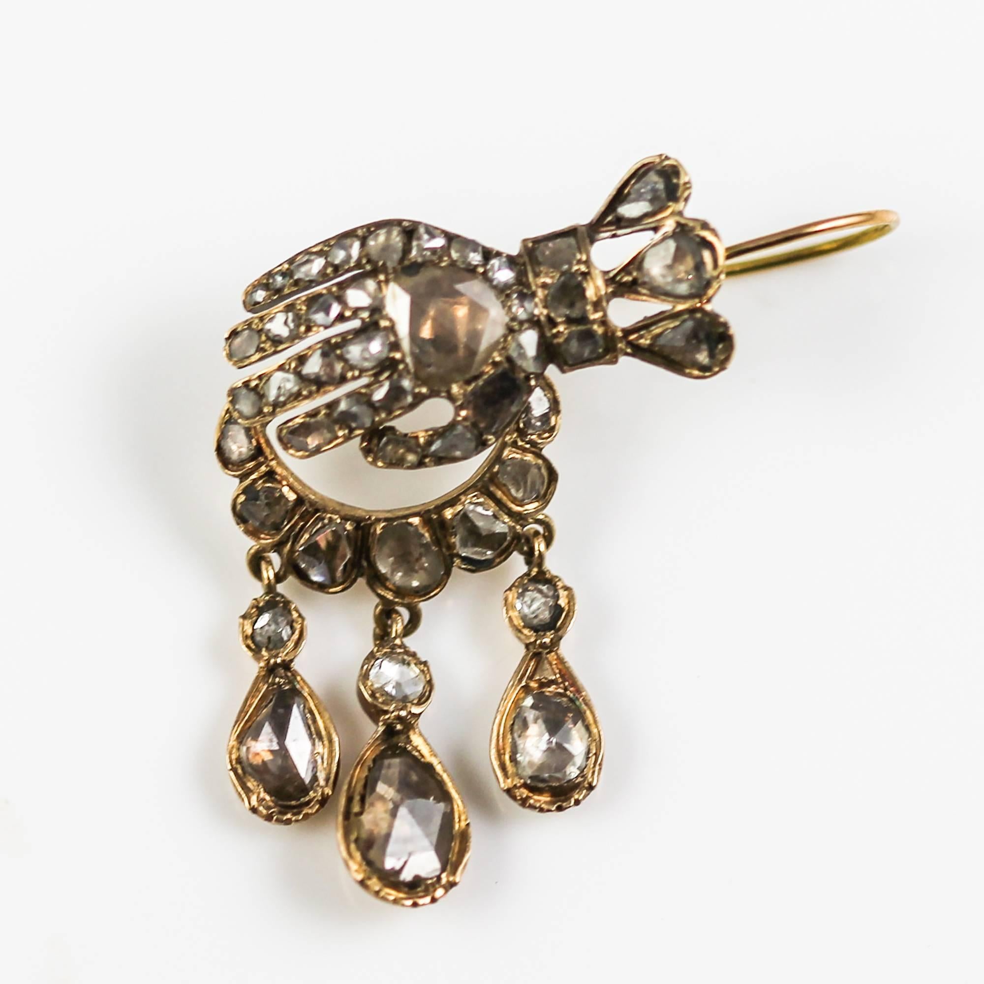 Early Victorian Hand Motif 18K Gold and Rose Cut Diamond en Tremblant Earrings 4