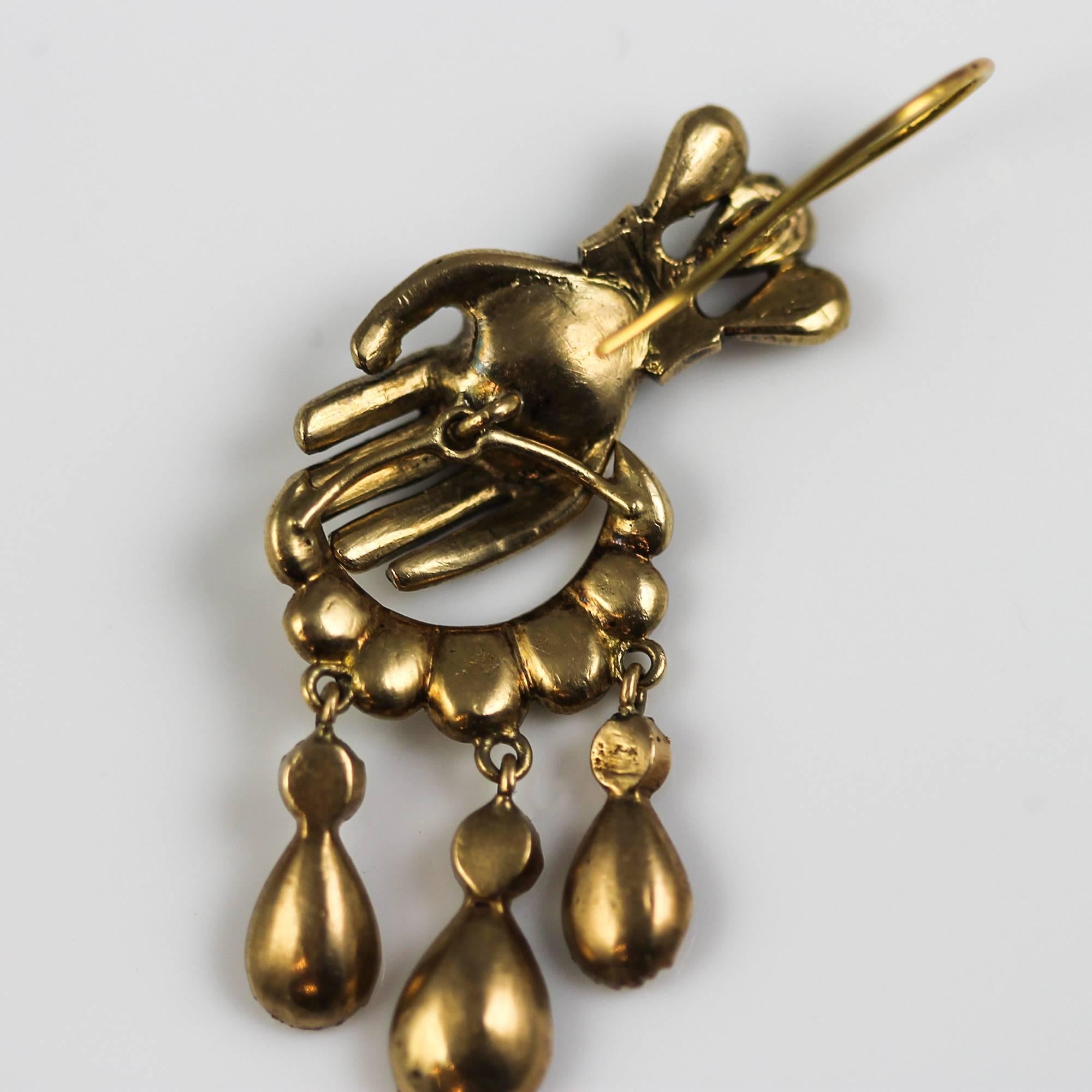 Early Victorian Hand Motif 18K Gold and Rose Cut Diamond en Tremblant Earrings 5