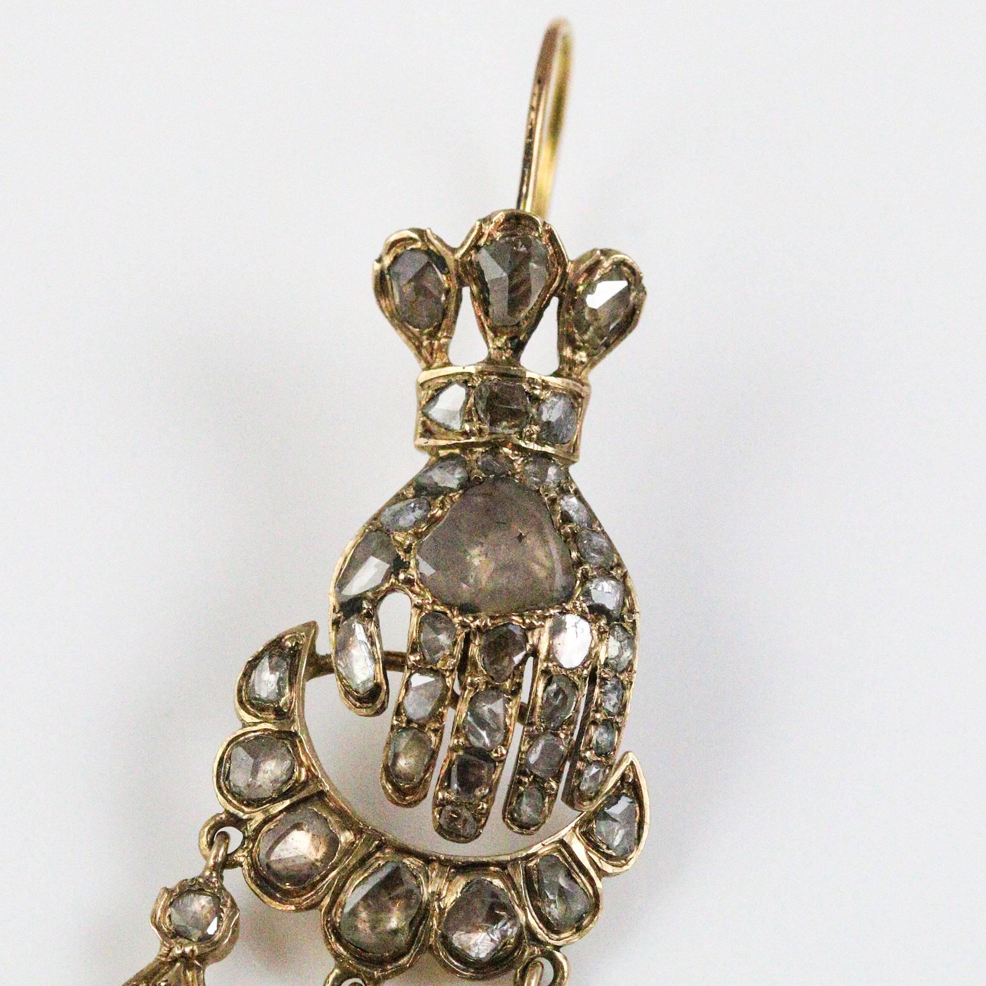 Early Victorian Hand Motif 18K Gold and Rose Cut Diamond en Tremblant Earrings 2