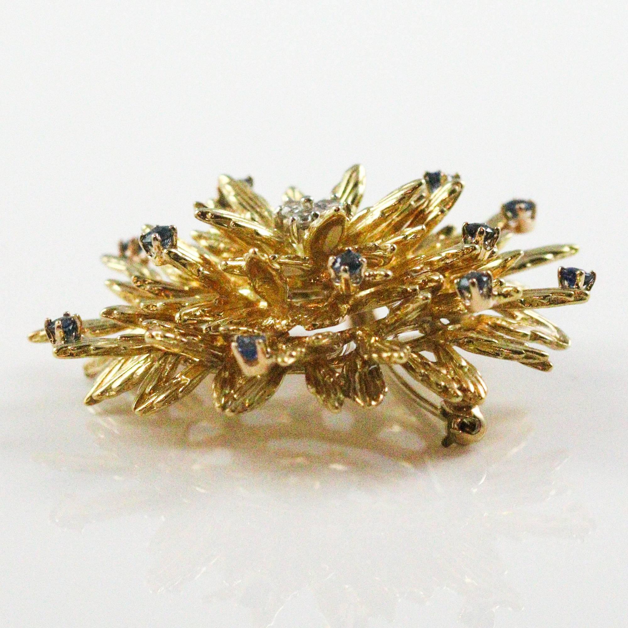 Round Cut Modernist Tiffany & Co. 18 Karat Yellow Gold Sapphire and Diamond Flower Brooch