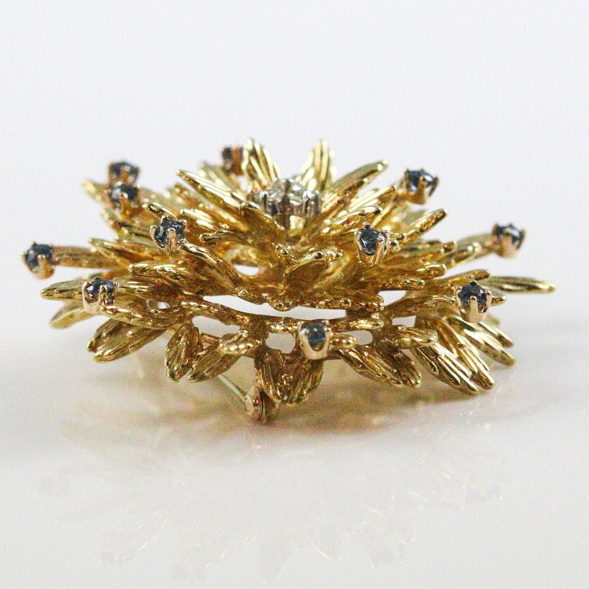 Women's or Men's Modernist Tiffany & Co. 18 Karat Yellow Gold Sapphire and Diamond Flower Brooch