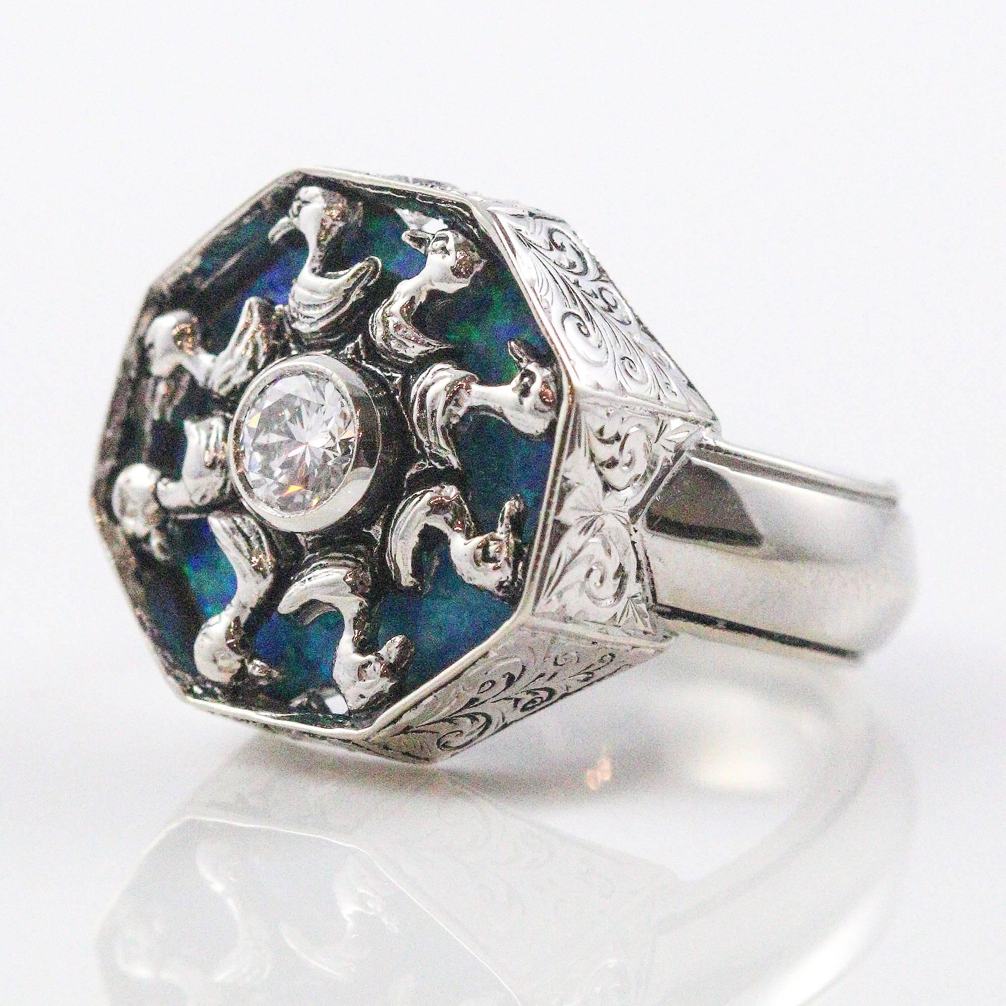 Modern 14 Karat White Gold and Diamond Ring with Opal Backing and Duck Design