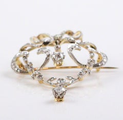 Belle Epoch Edwardian Diamond and 14 Karat Gold Bow Motif Round Brooch / Pendant
