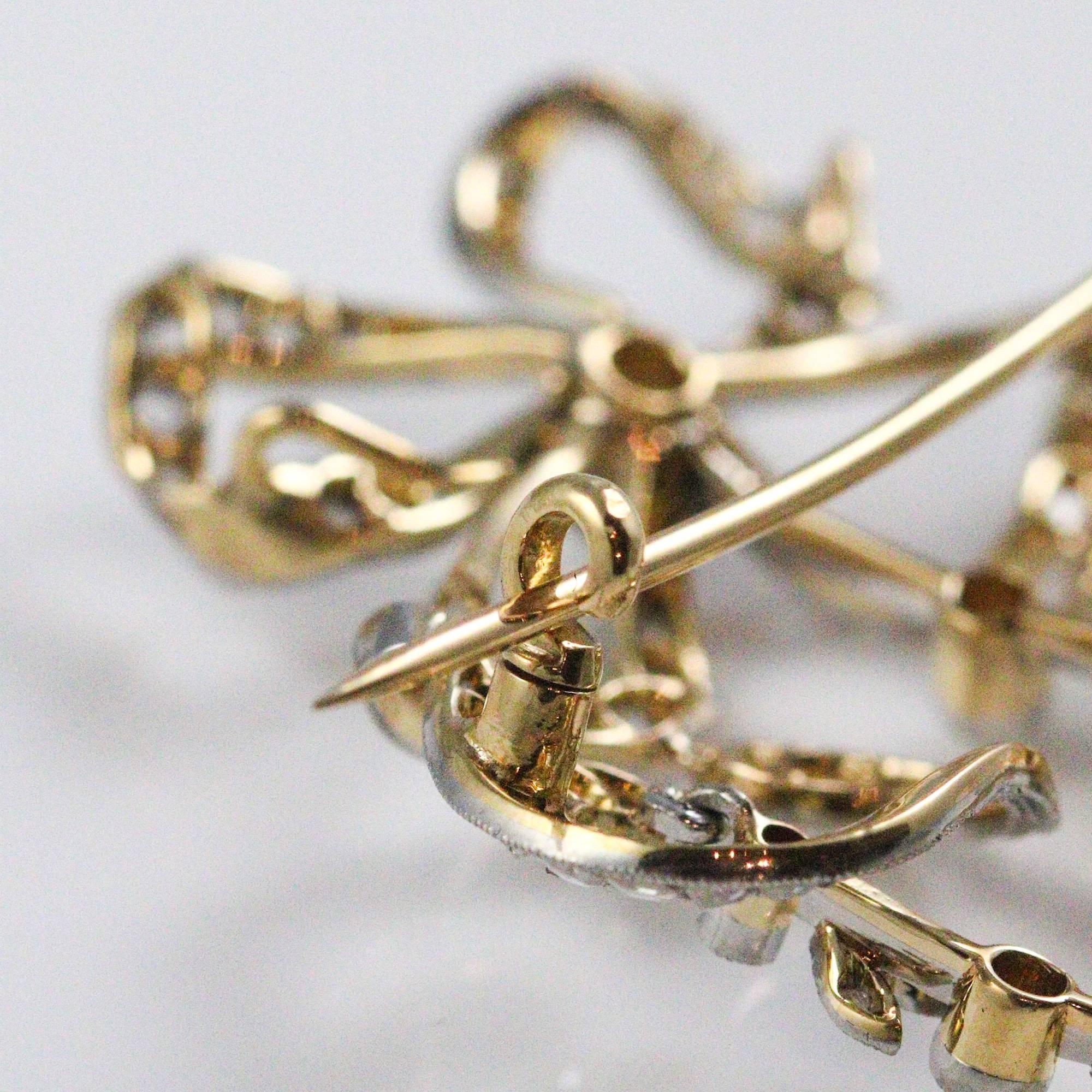 Rose Cut Belle Epoch Edwardian Diamond and 14 Karat Gold Bow Motif Round Brooch / Pendant