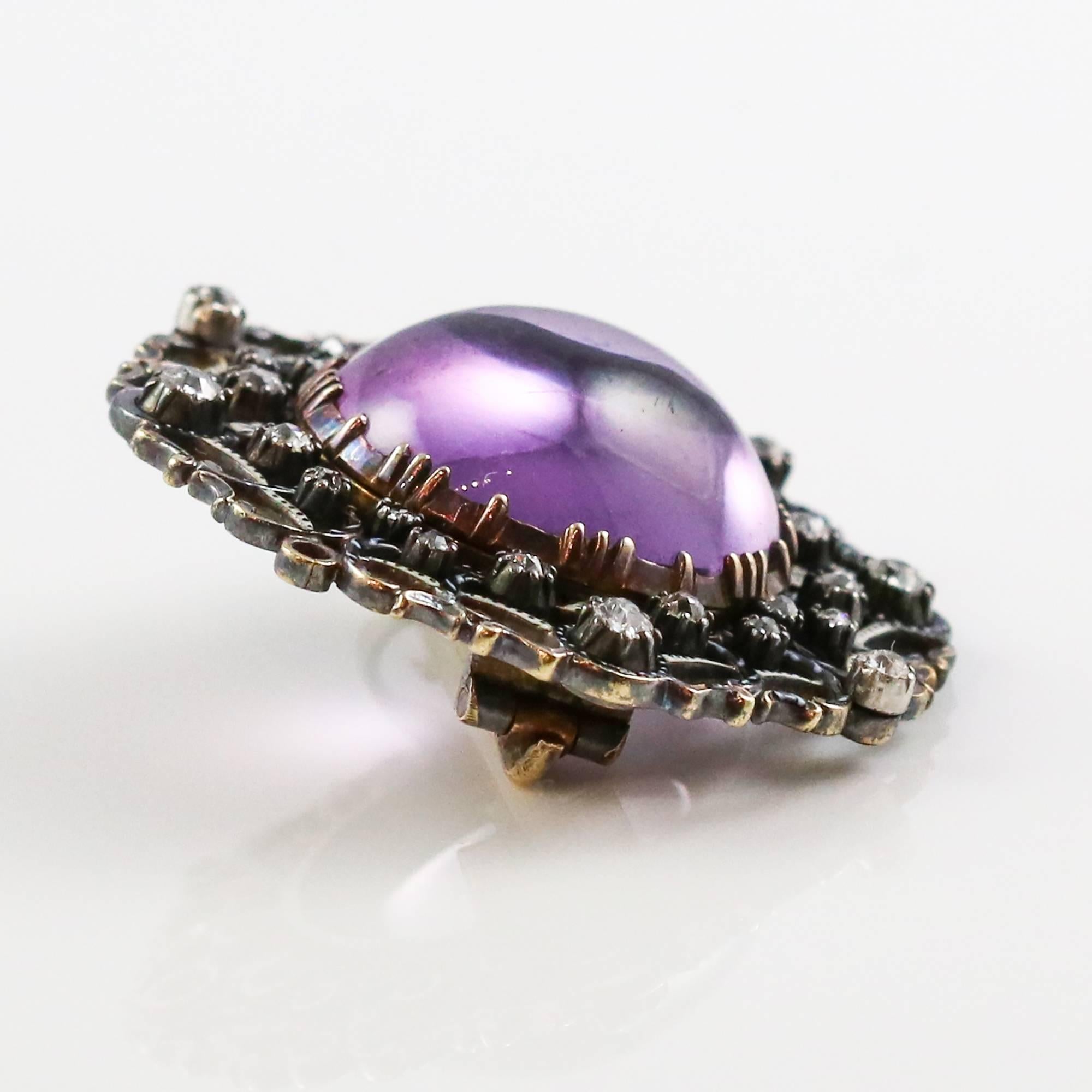 Women's or Men's Georgian 18k Gold and Silver Amethyst and Diamond Brooch