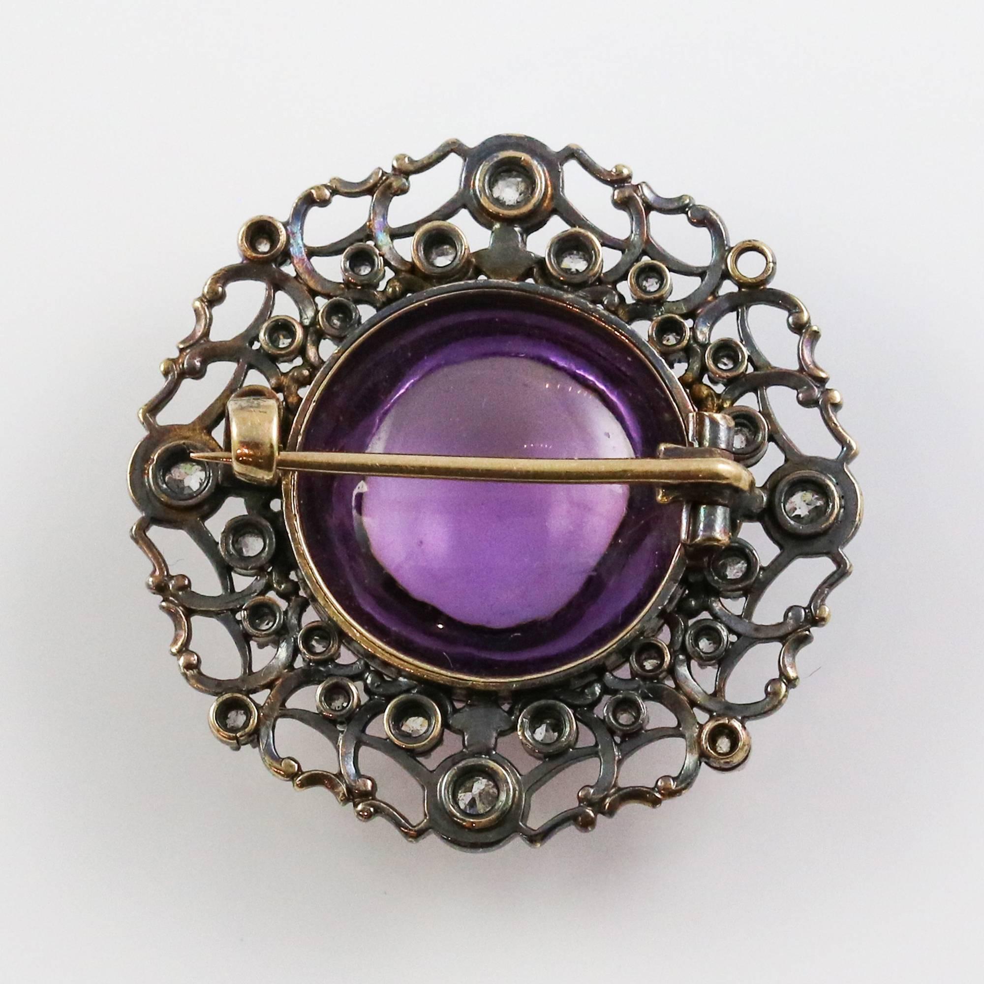 Georgian 18k Gold and Silver Amethyst and Diamond Brooch 1