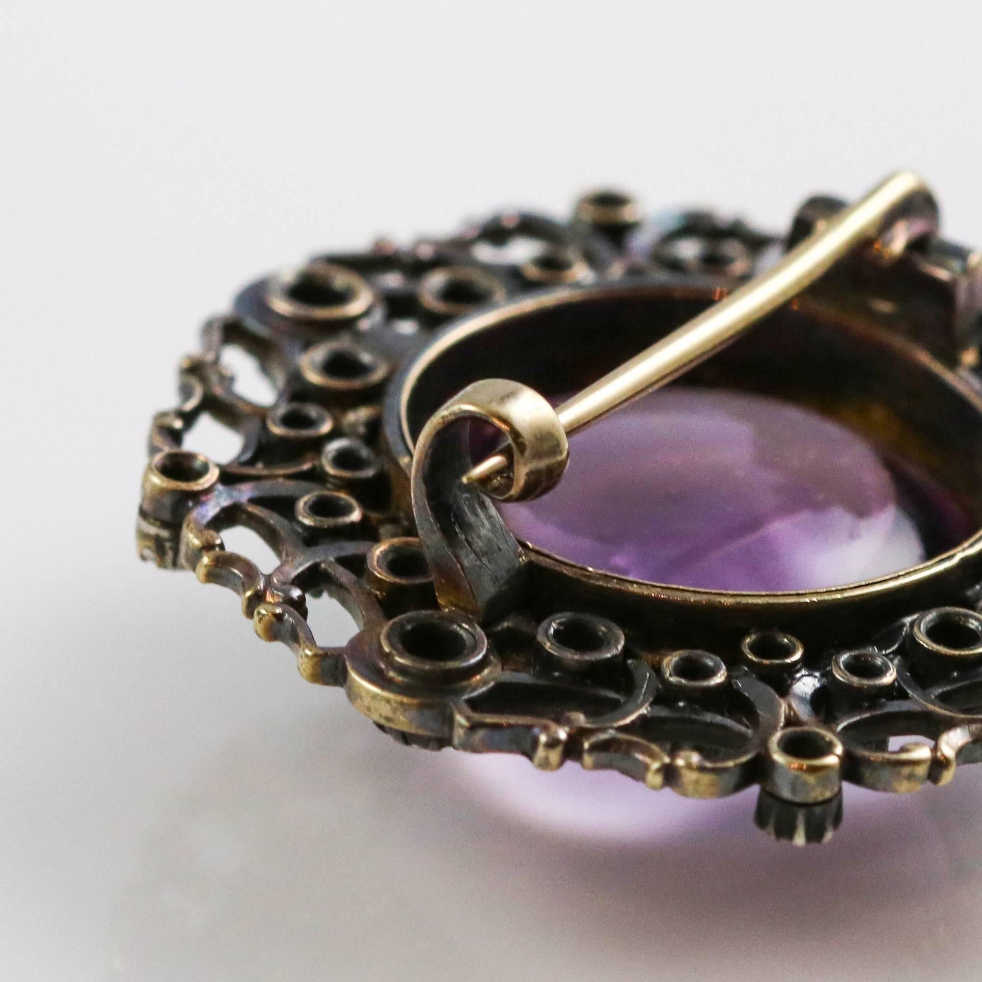 Georgian 18k Gold and Silver Amethyst and Diamond Brooch 2