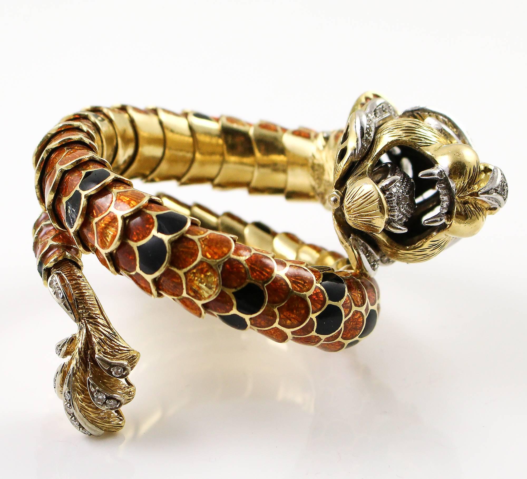Enamel Diamond Gold Dragon Wrap Bracelet with Ruby Eye In Good Condition In Birmingham, AL