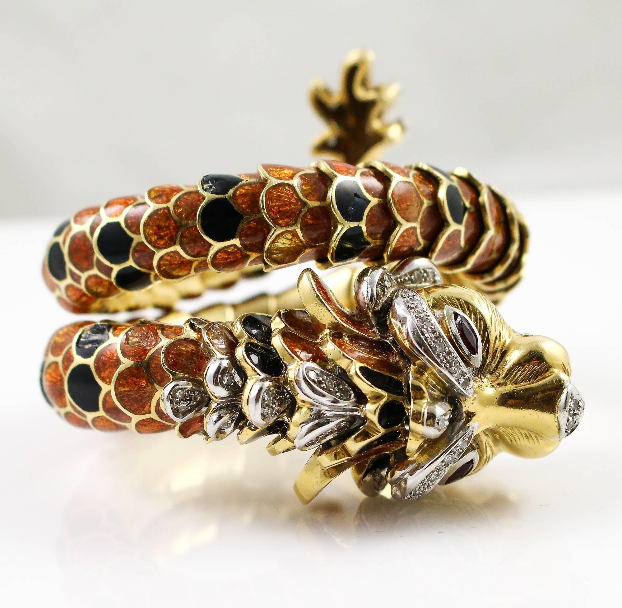 Modernist Enamel Diamond Gold Dragon Wrap Bracelet with Ruby Eye