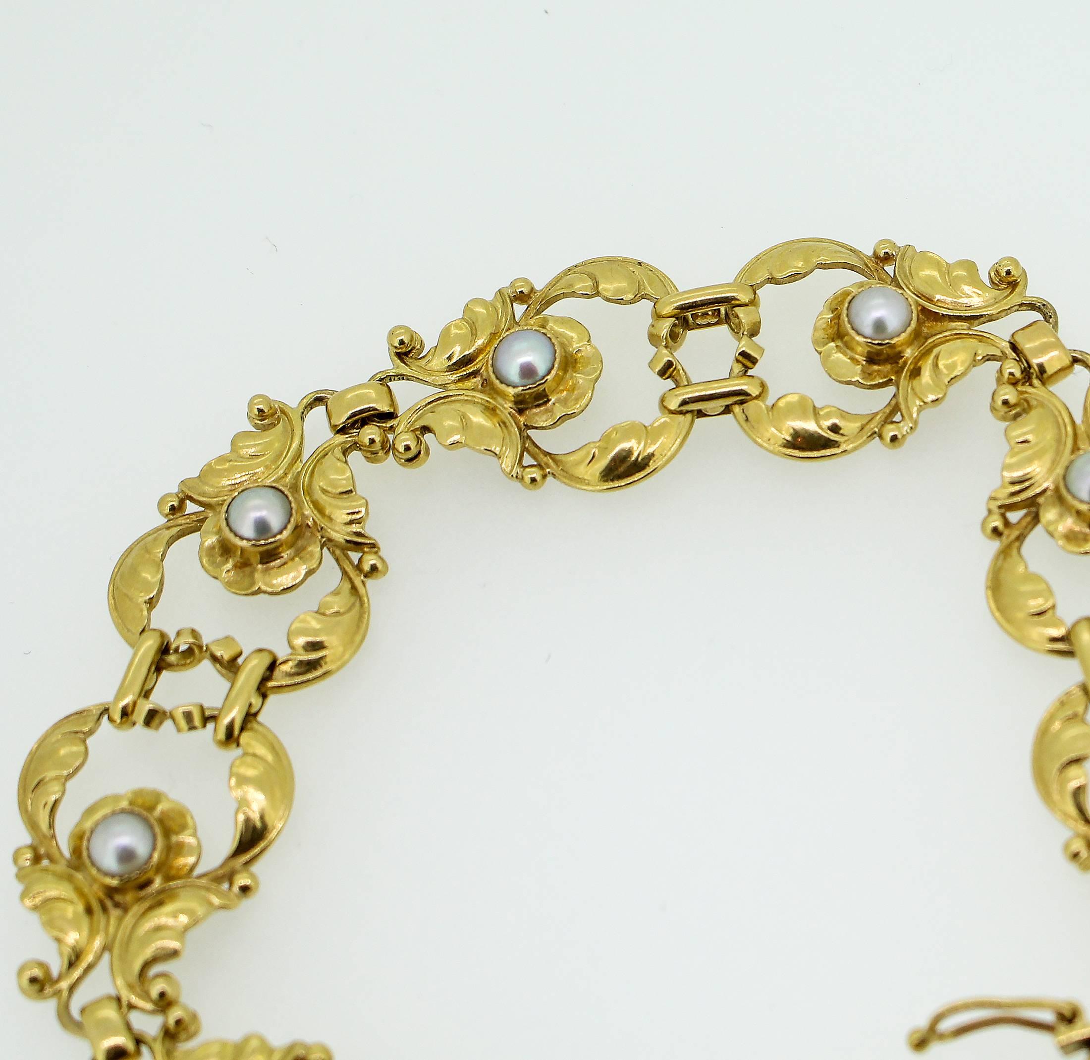 Art Deco Georg Jensen Pearl Gold Bracelet In Excellent Condition In Birmingham, AL