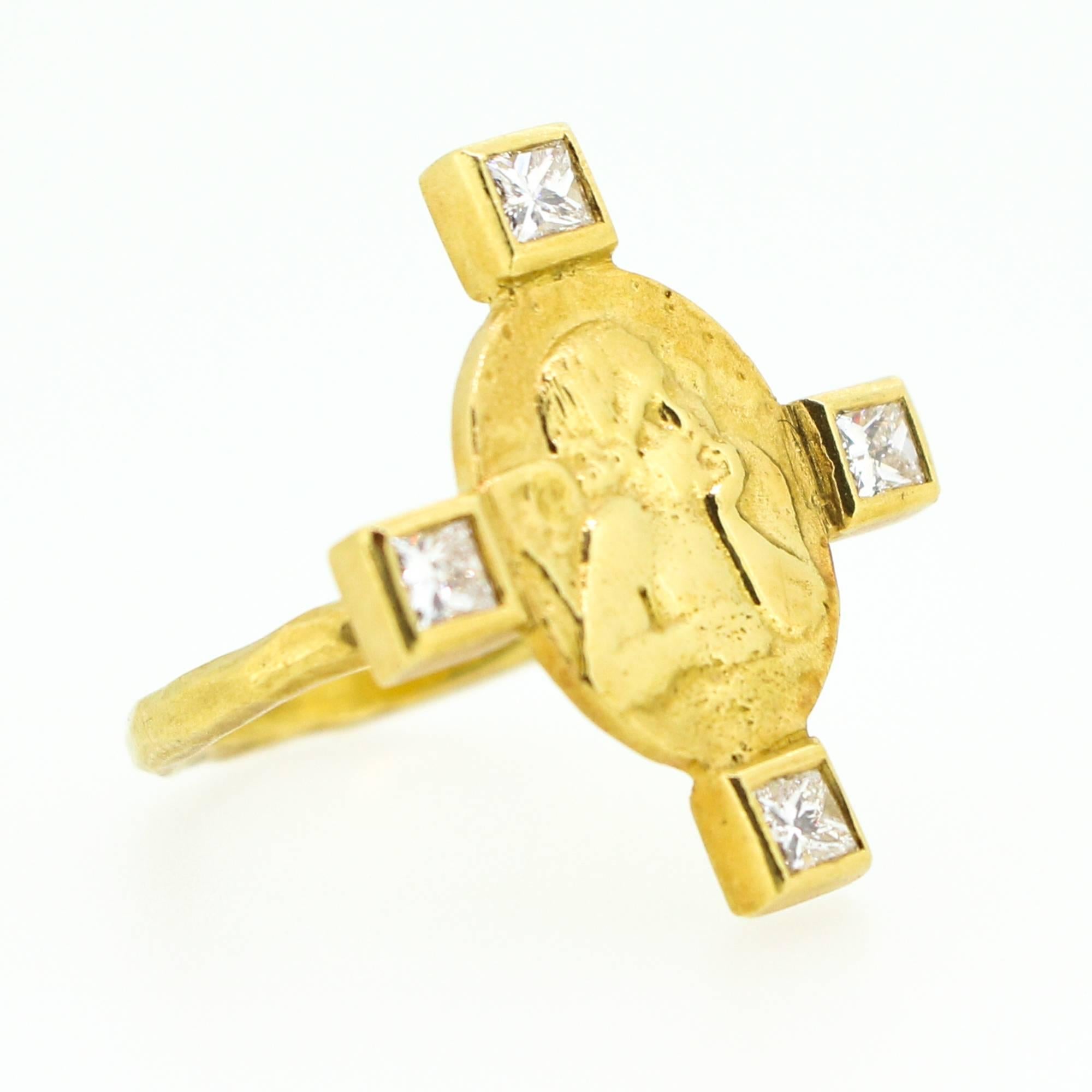  Cathy Waterman Diamond Gold Cross-Style Cherub Ring In Excellent Condition In Birmingham, AL