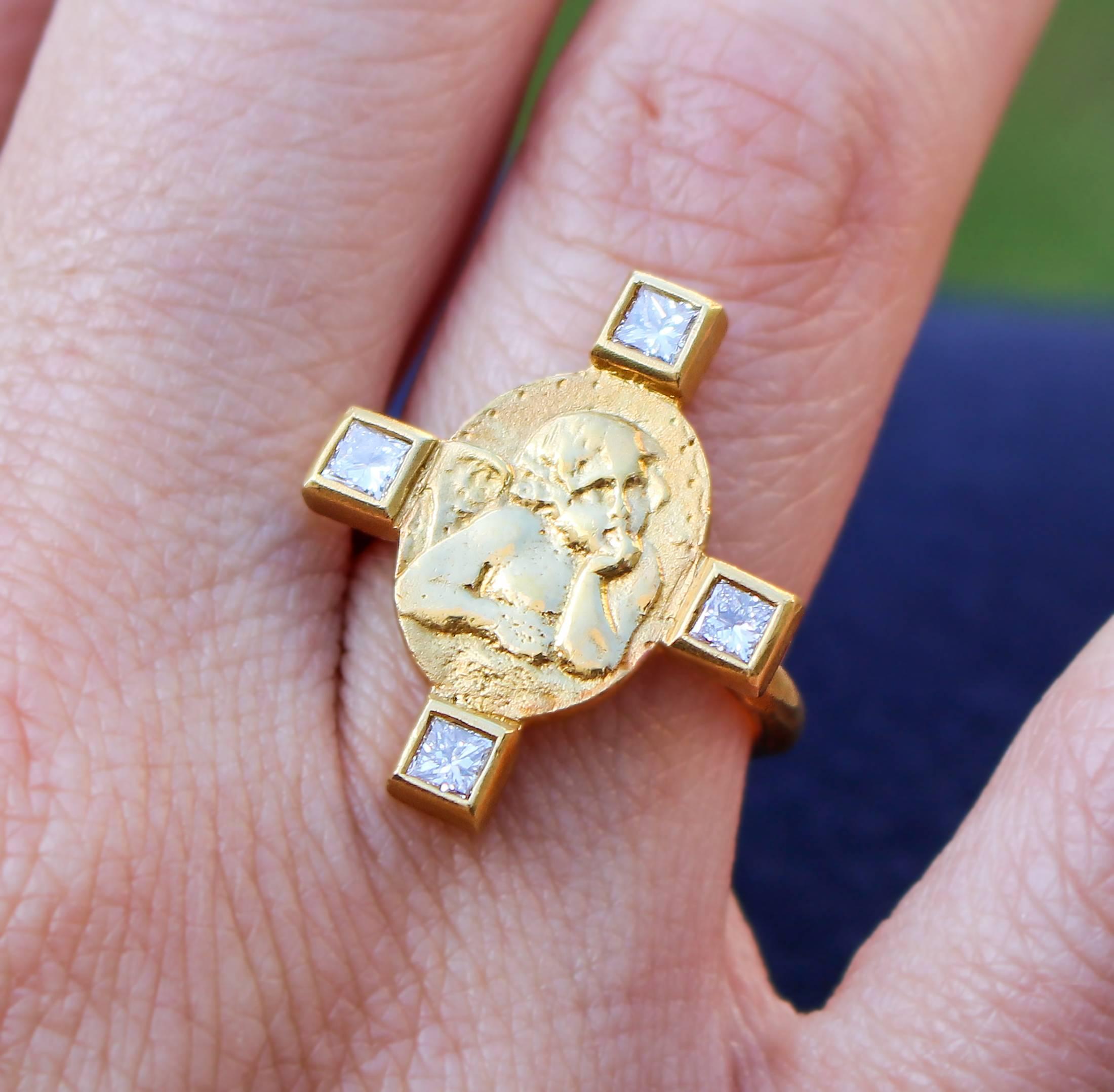  Cathy Waterman Diamond Gold Cross-Style Cherub Ring 1