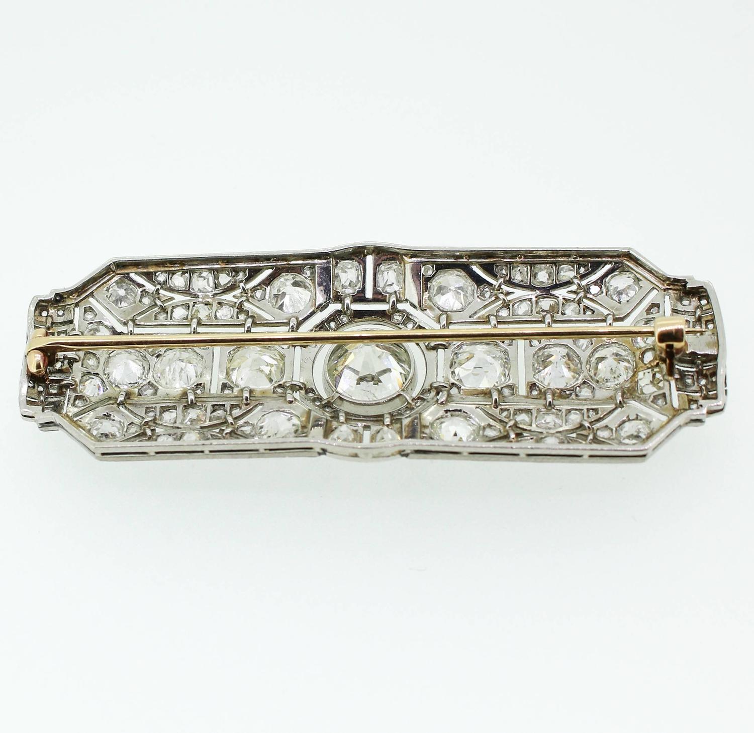 Art Deco Black Enamel 8.00 Carats Diamonds Platinum Filigree Brooch For