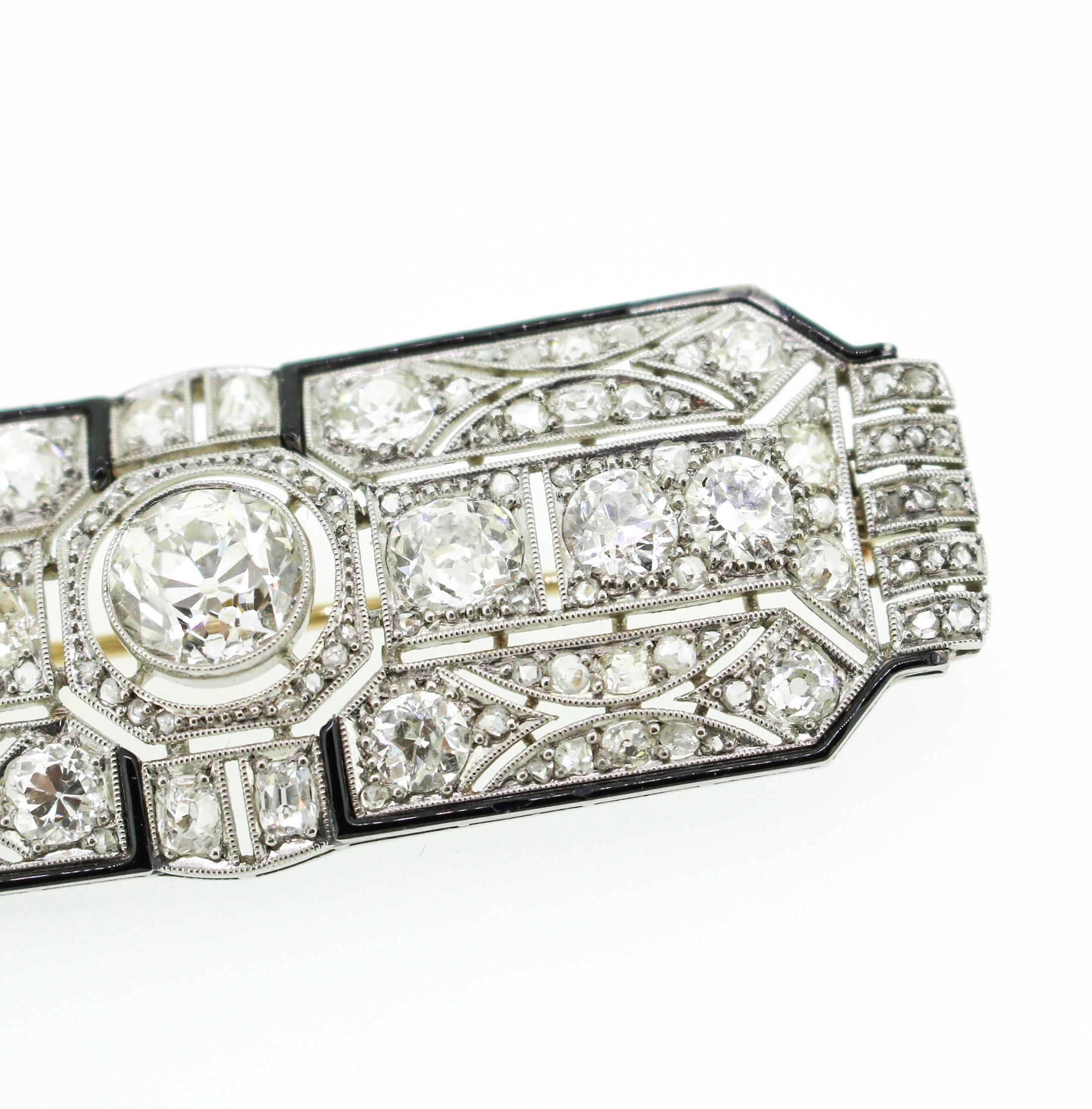 Art Deco Black Enamel 8.00 Carats Diamonds Platinum Filigree Brooch In Excellent Condition In Birmingham, AL