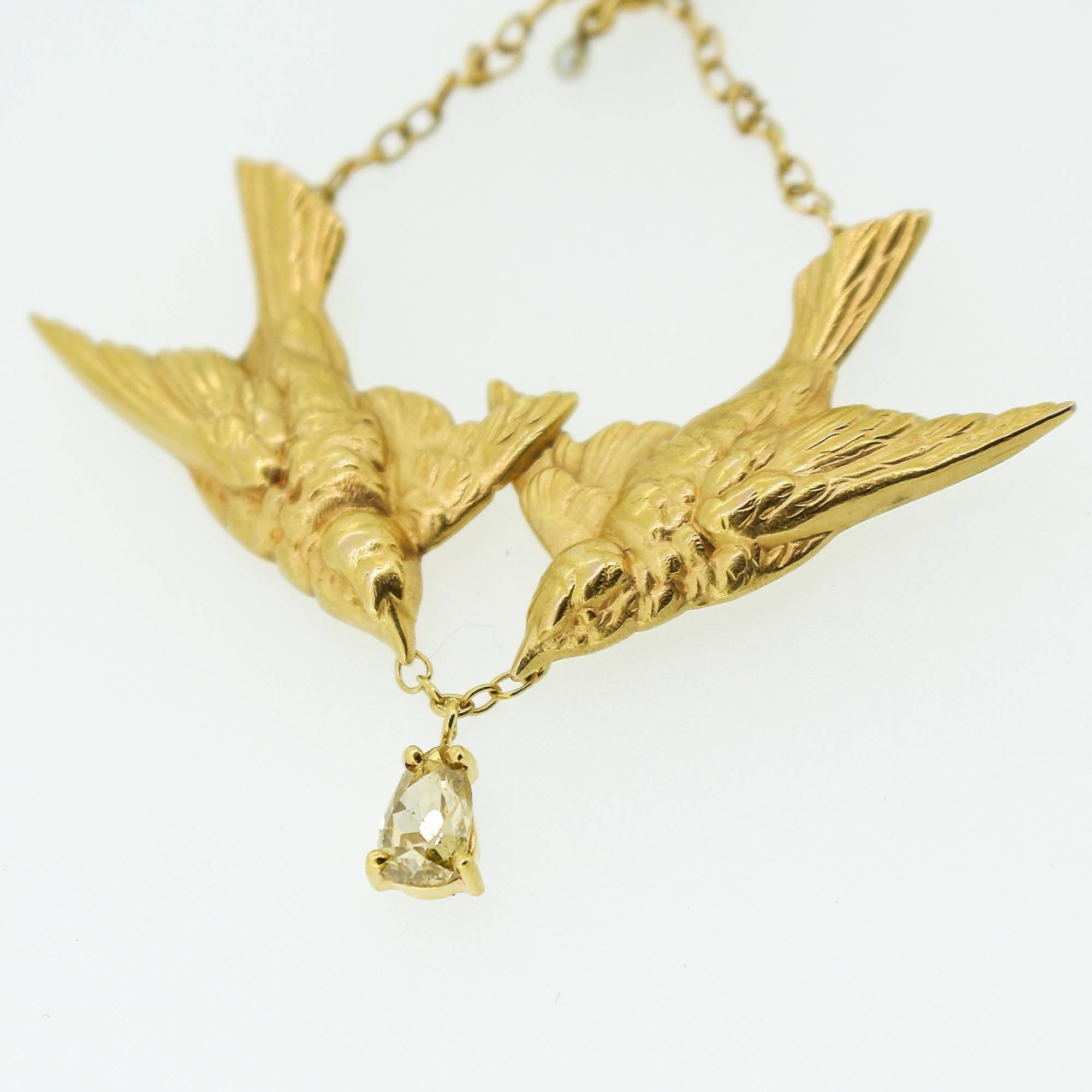 Art Nouveau 14k Yellow Gold Swallow Motif Lavalier Style Necklace 1