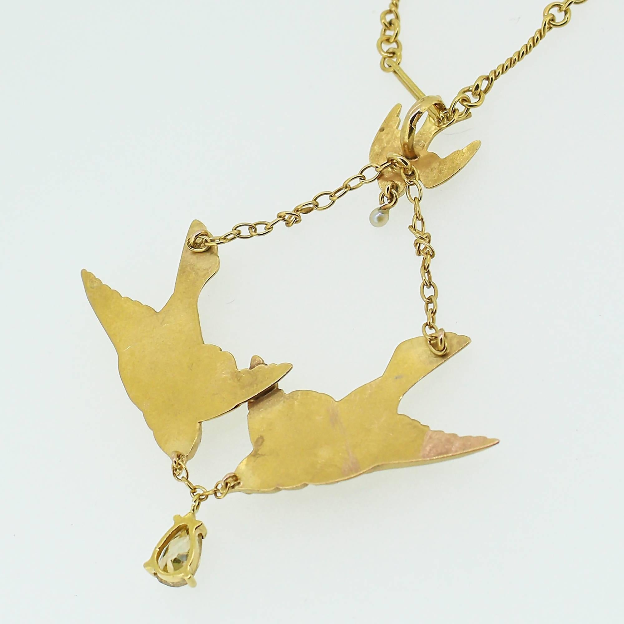 Women's Art Nouveau Gold Swallow Motif Lavalier Style Necklace