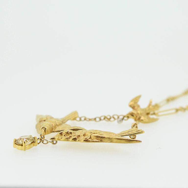 Art Nouveau Gold Swallow Motif Lavalier Style Necklace For Sale at 1stDibs