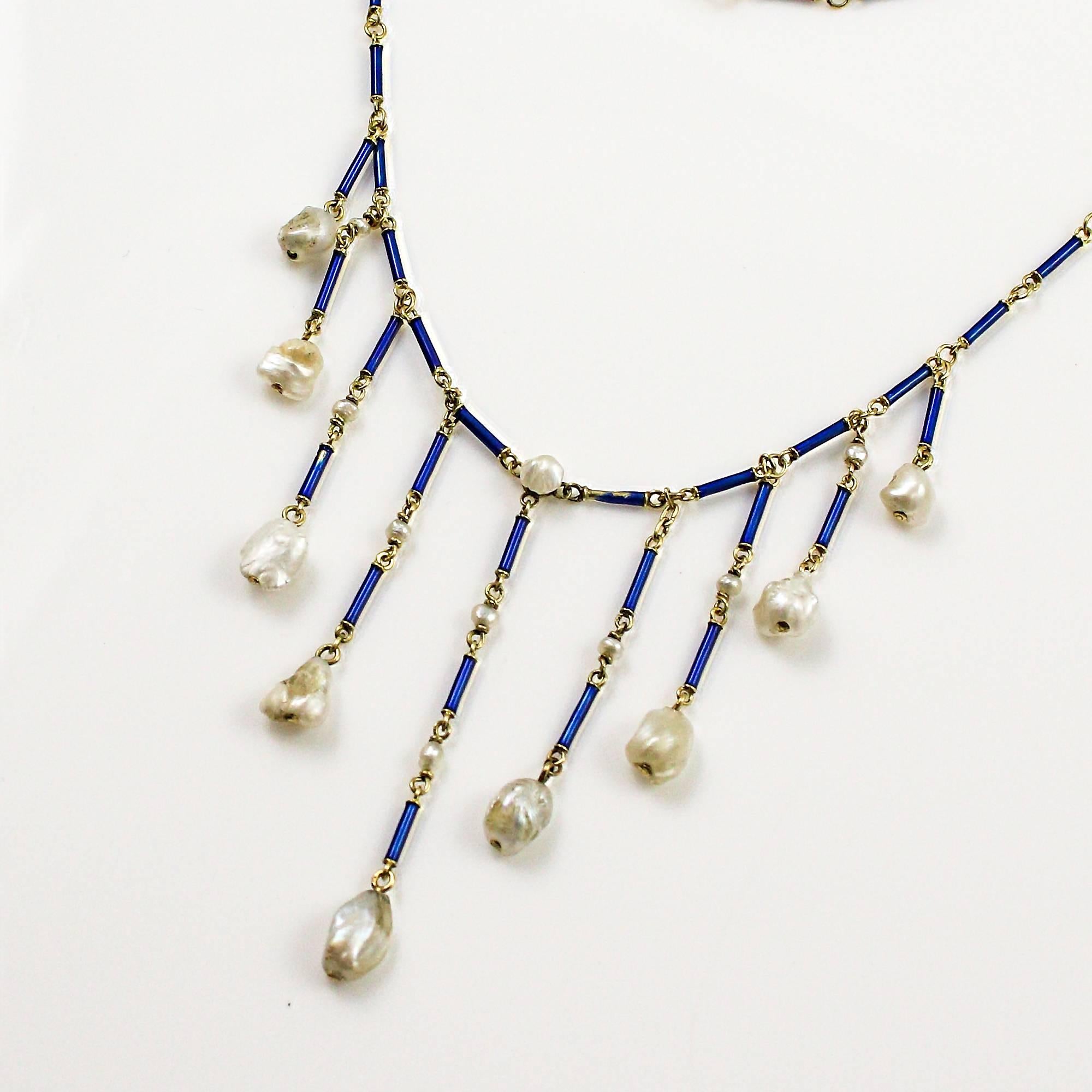 High Victorian Victorian 14k Yellow Gold Festoon Style Blue Enamel and Natural Pearl Necklace