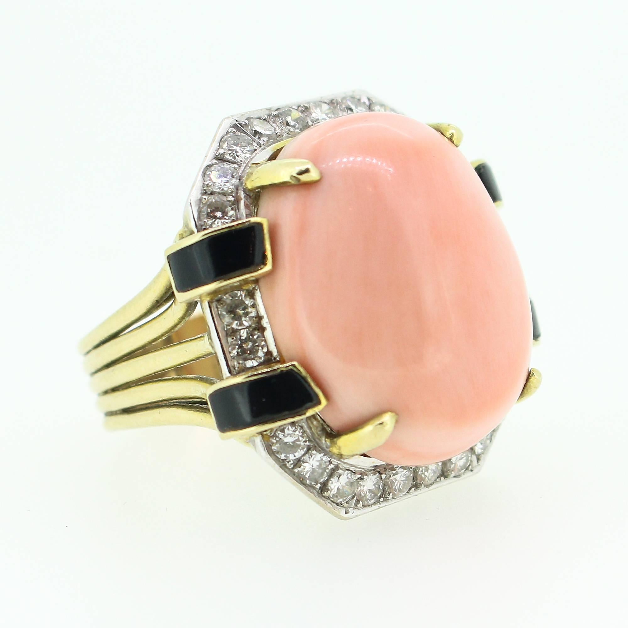 Modernist  Gold Coral Black Onyx  Diamond Ring 1
