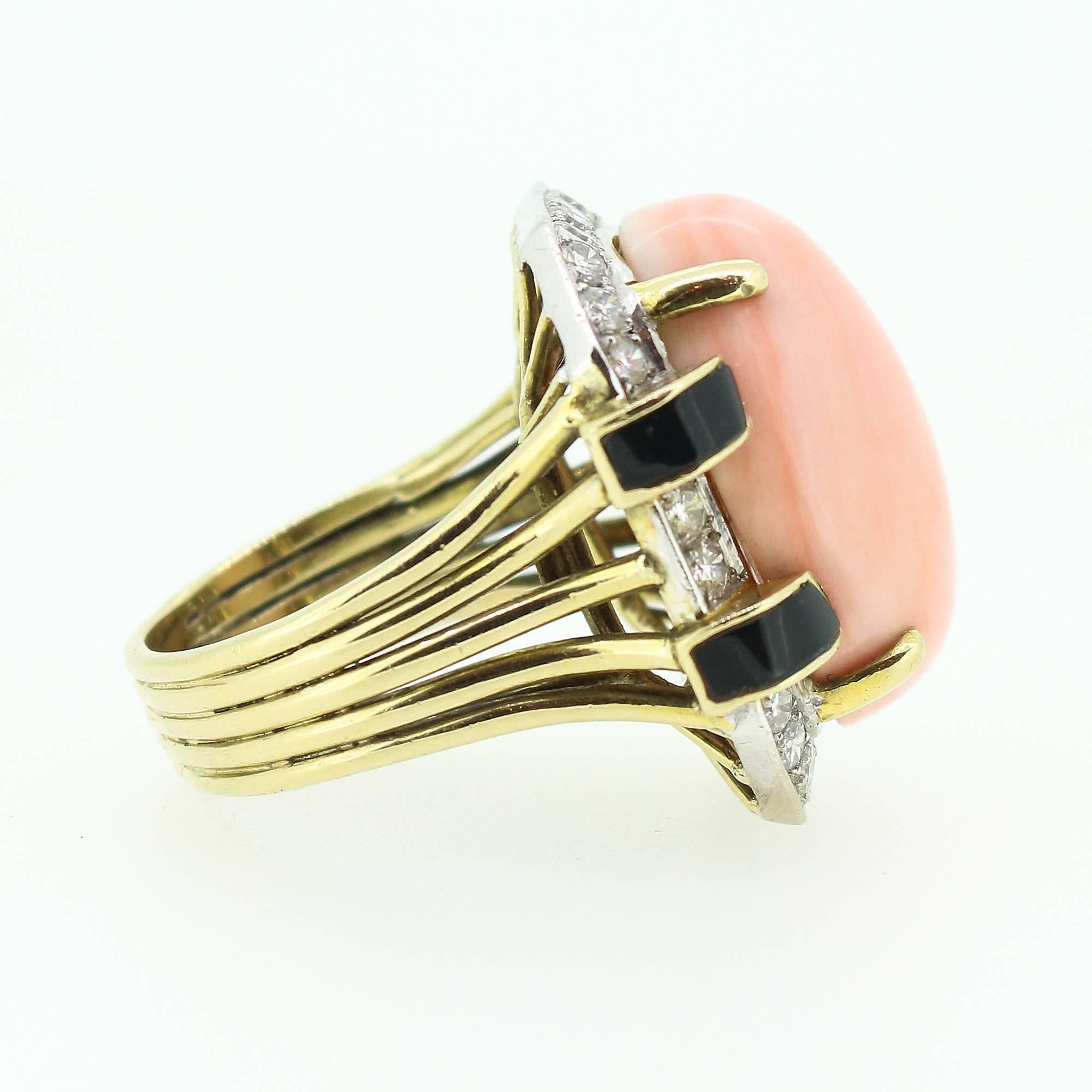 Women's or Men's Modernist  Gold Coral Black Onyx  Diamond Ring