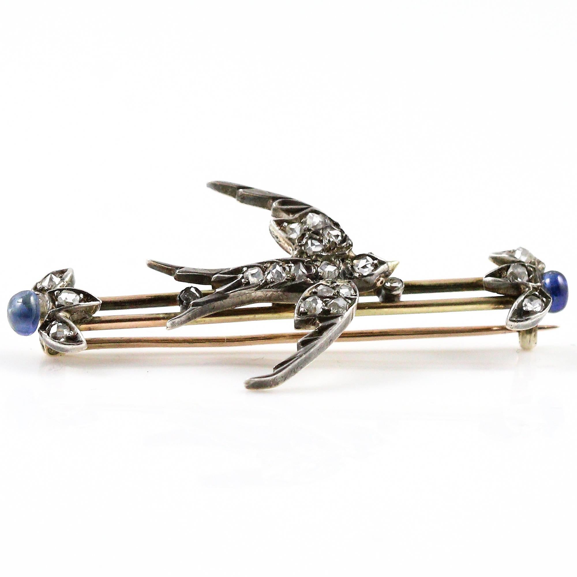 This Victorian swallow brooch includes 2 round blue sapphires and 20 diamonds (19 are old rose cuts, 1 of the diamonds on the sides is an upside down round brilliant cut that was used to replace one of the original stones at some point in the pieces