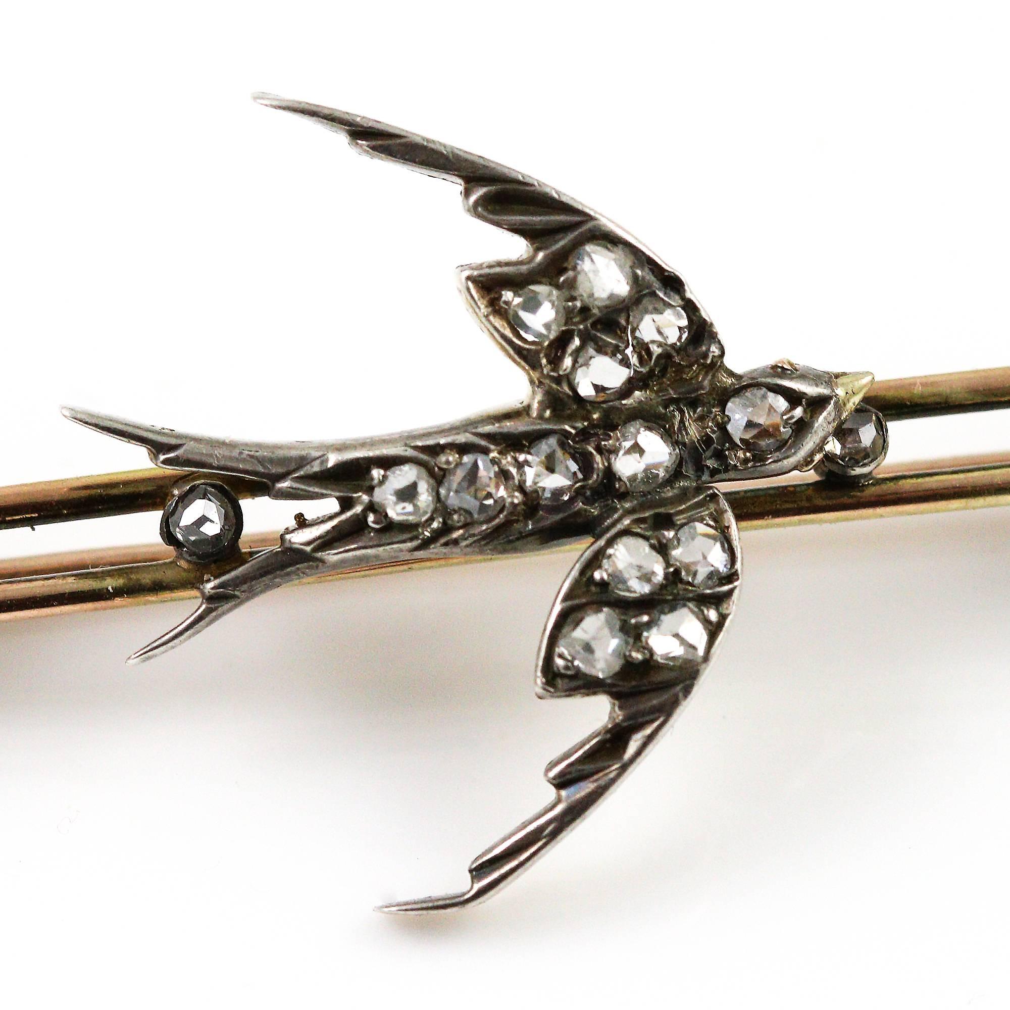 Victorian Sterling Silver and 10k Gold Swallow Brooch with Diamonds and Sapphire 2