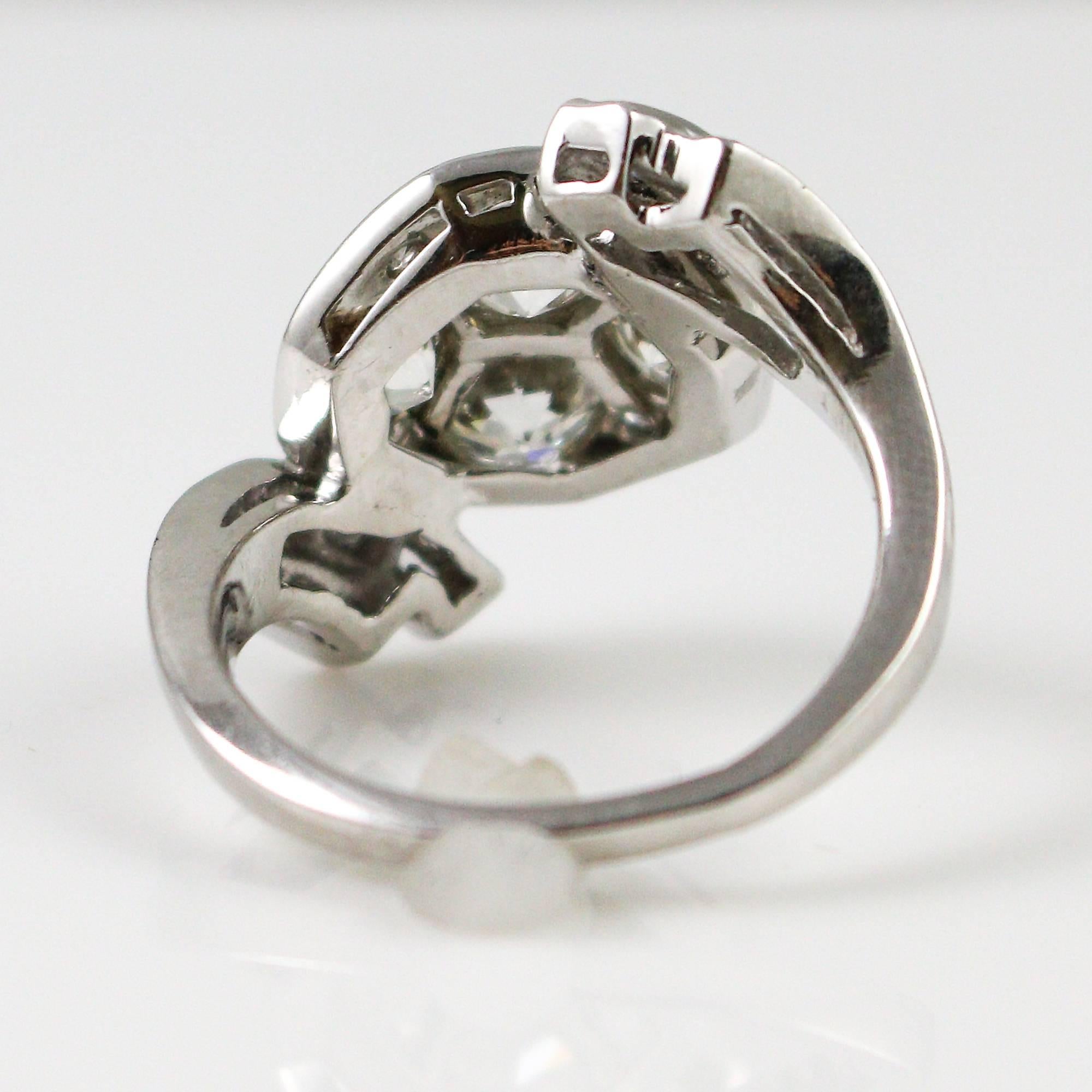 1950's Retro Platinum and European Cut Diamond Ring With Baguette Accents In Excellent Condition In Birmingham, AL