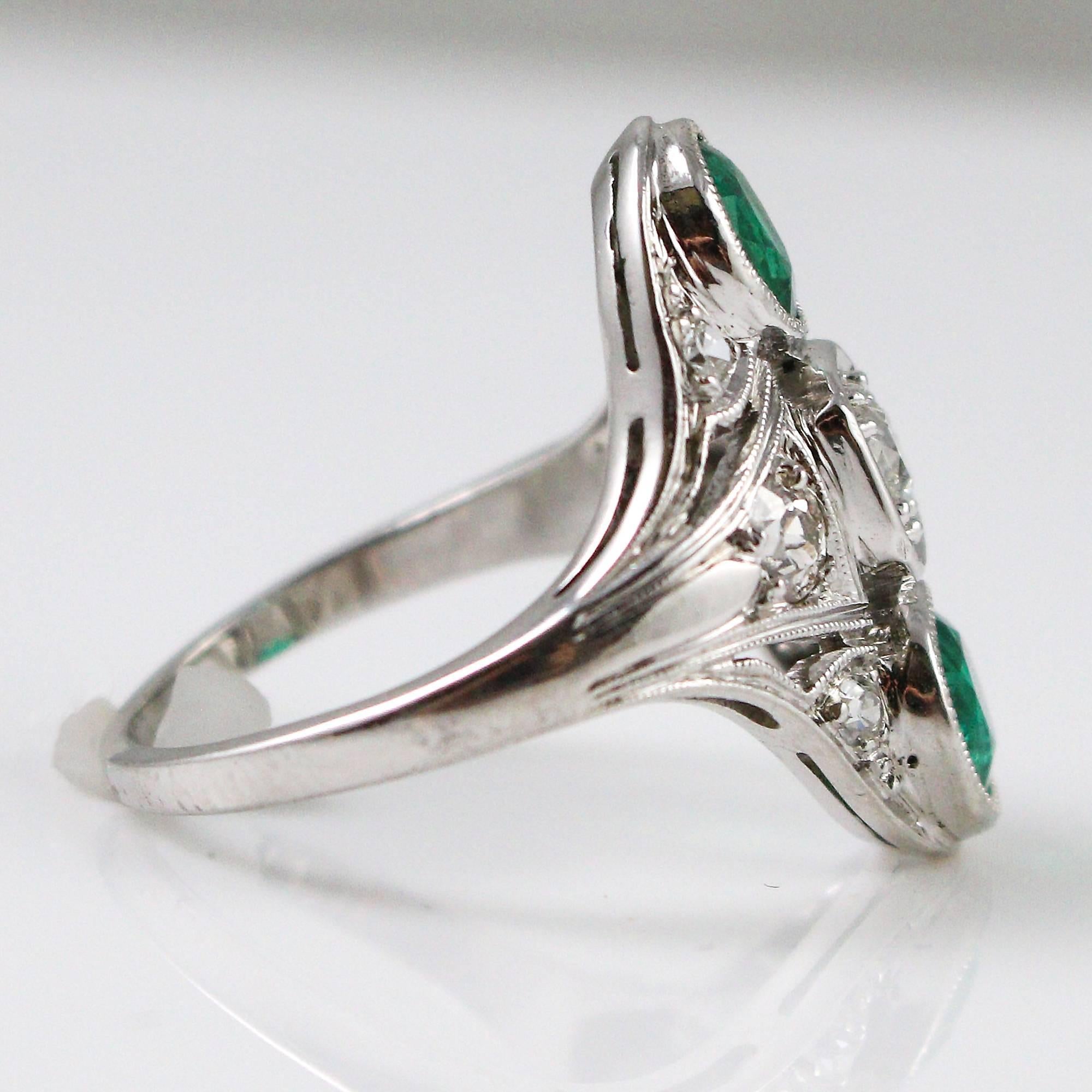 Women's 1920s Art Deco  Diamond Emerald Elongated Platinum Dinner Ring