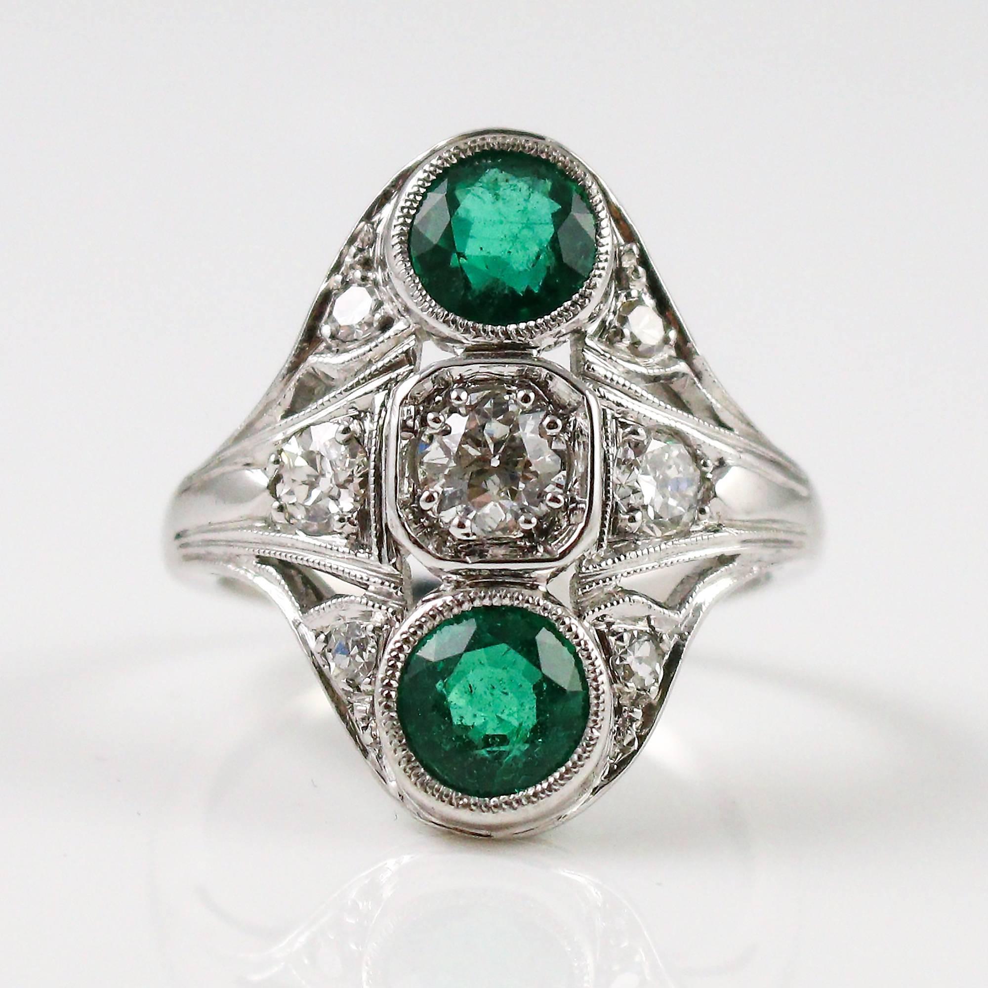 1920s Art Deco  Diamond Emerald Elongated Platinum Dinner Ring 1