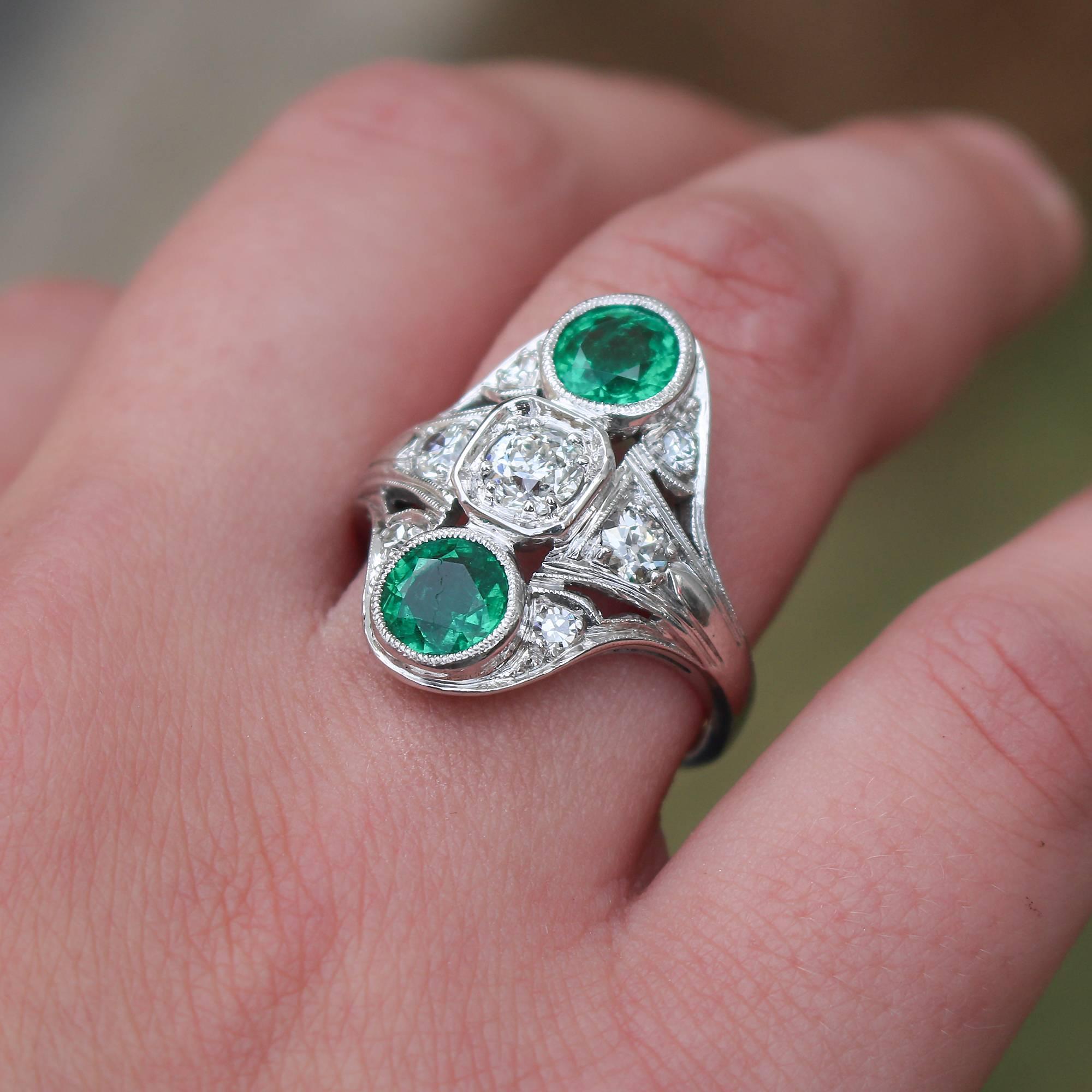 1920s Art Deco  Diamond Emerald Elongated Platinum Dinner Ring 2