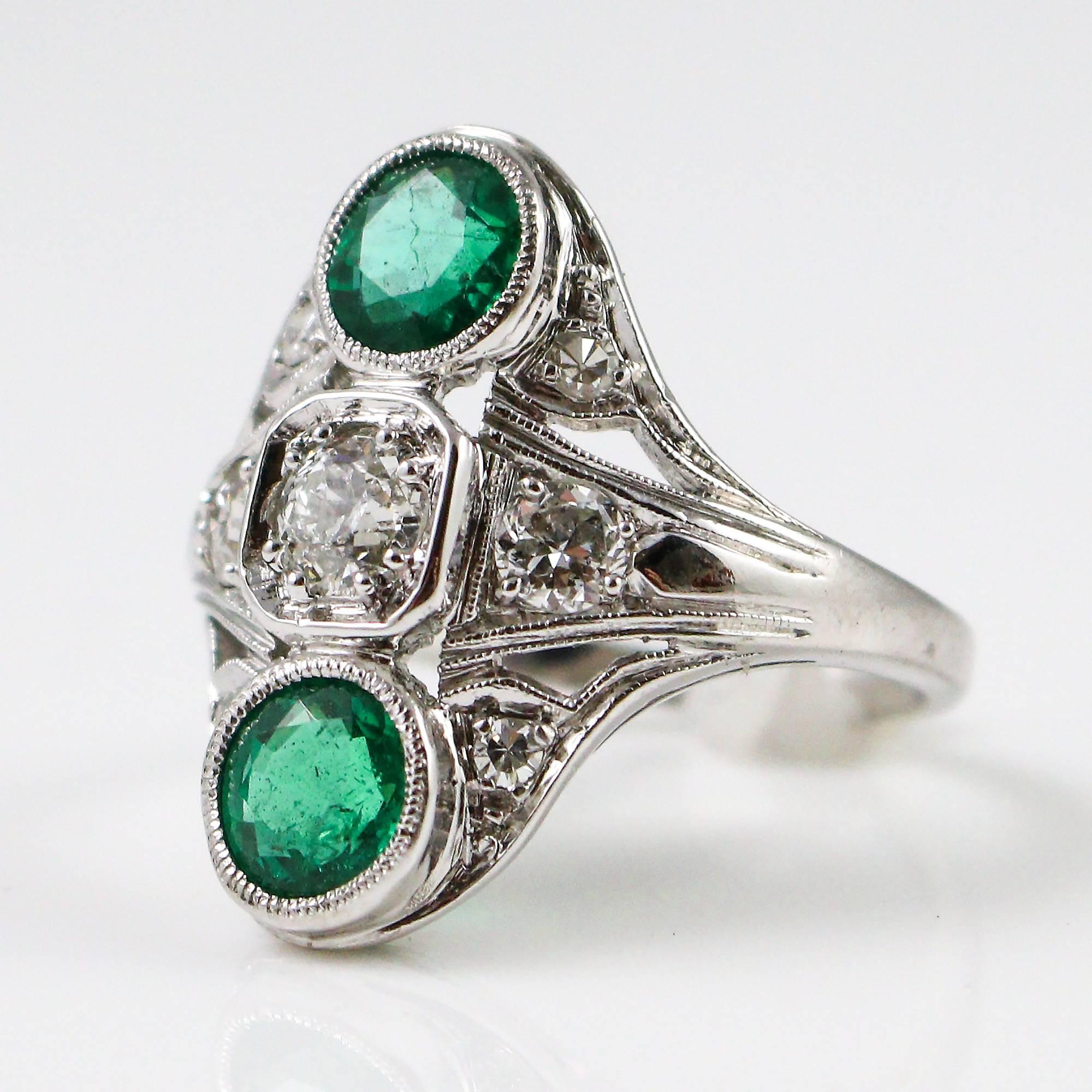 1920s Art Deco  Diamond Emerald Elongated Platinum Dinner Ring 4