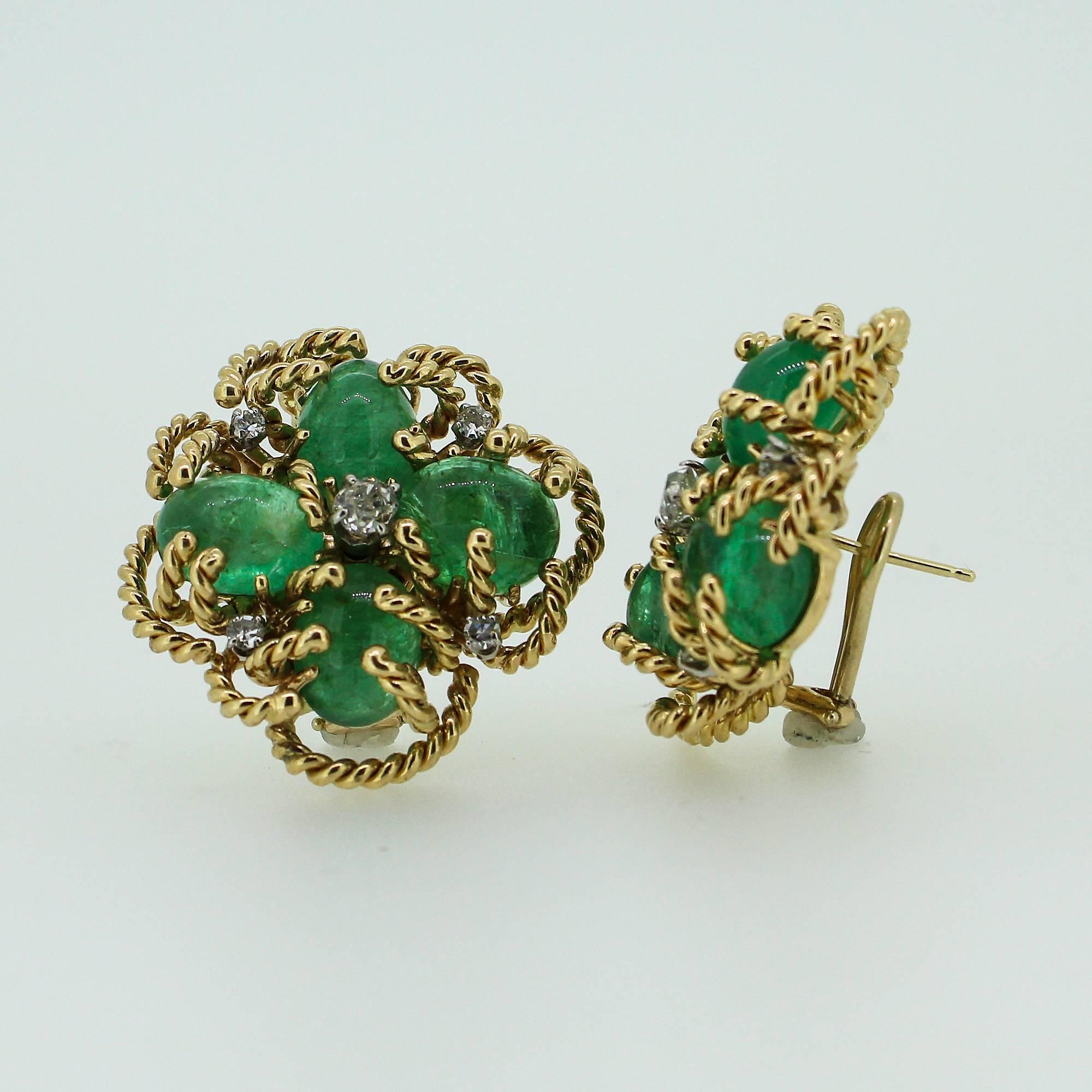 Women's 1970s Modernist Cabochon Emerald and Old Cut Diamond Clover-Motif Earrings