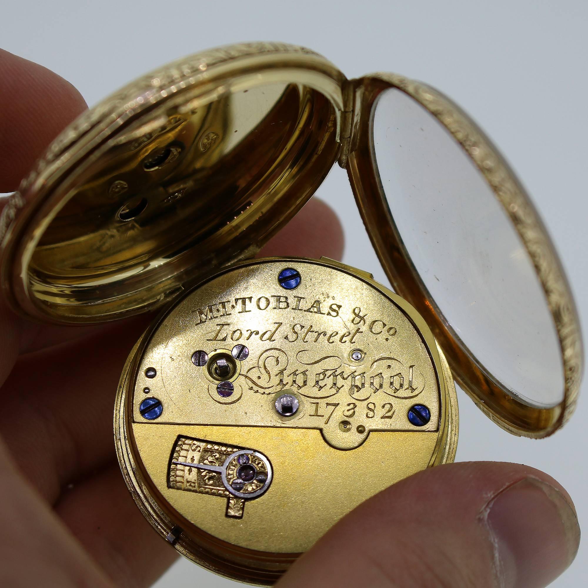 Pre-1822 MI Tobias and Co 18K Yellow Gold Pocket Watch with Winding Key In Excellent Condition In Birmingham, AL