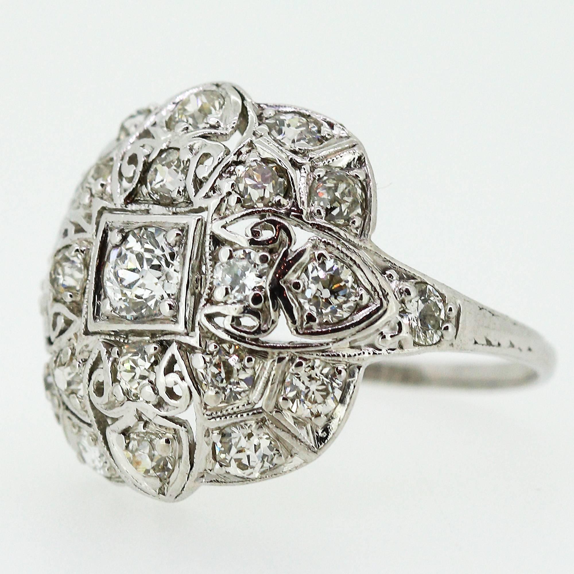 Old European Cut Art Deco Platinum Filigree and Diamond Cluster-Style Cocktail Ring