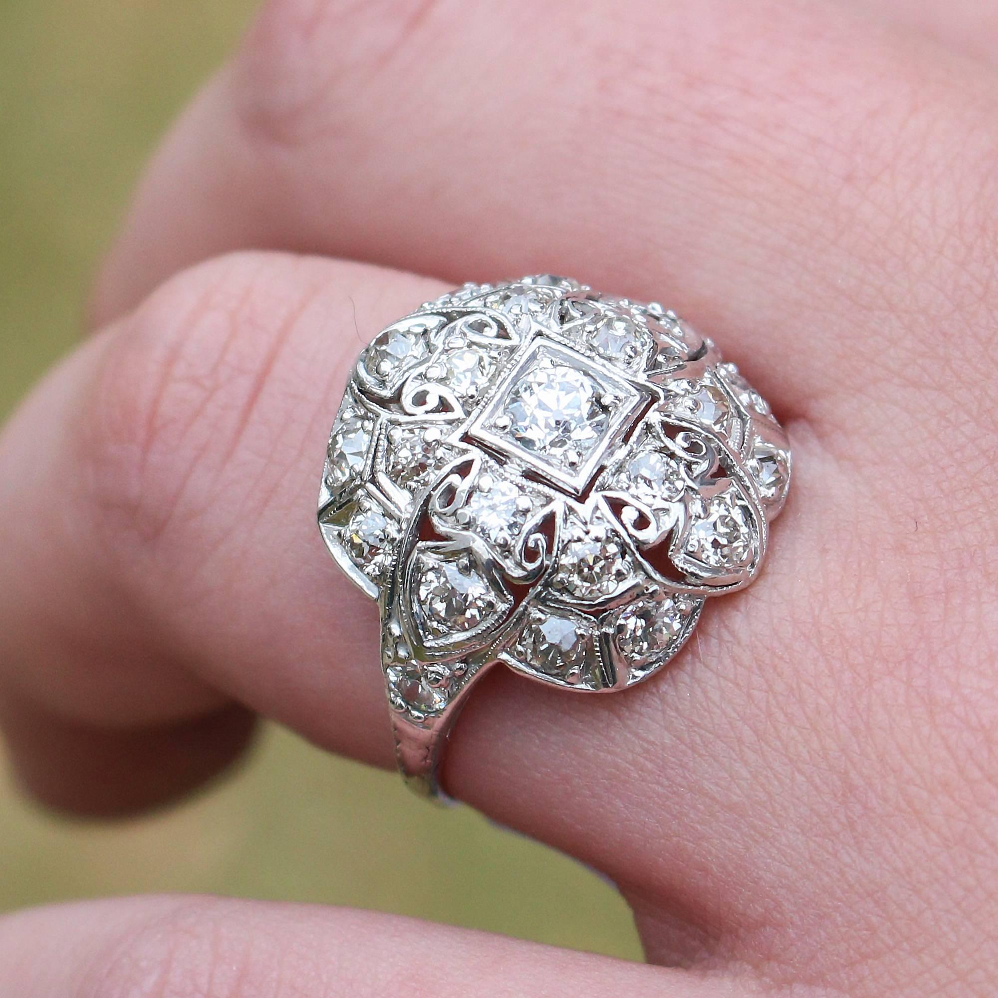 Women's or Men's Art Deco Platinum Filigree and Diamond Cluster-Style Cocktail Ring
