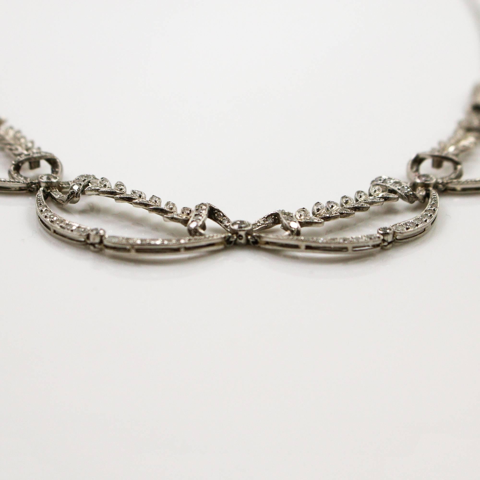 Edwardian Platinum And Diamond Bow and Leaf Motif Necklace 2