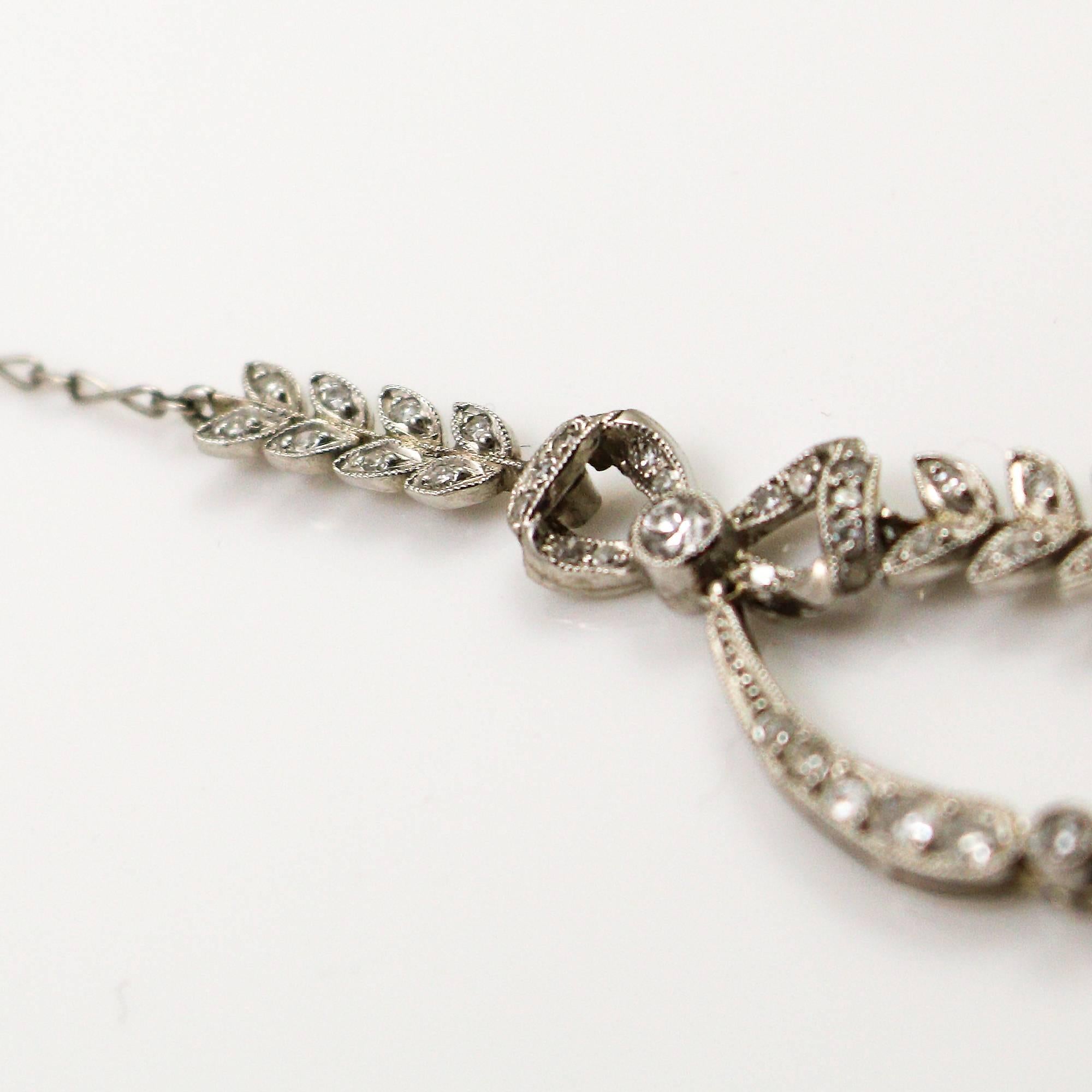 Edwardian Platinum And Diamond Bow and Leaf Motif Necklace 4