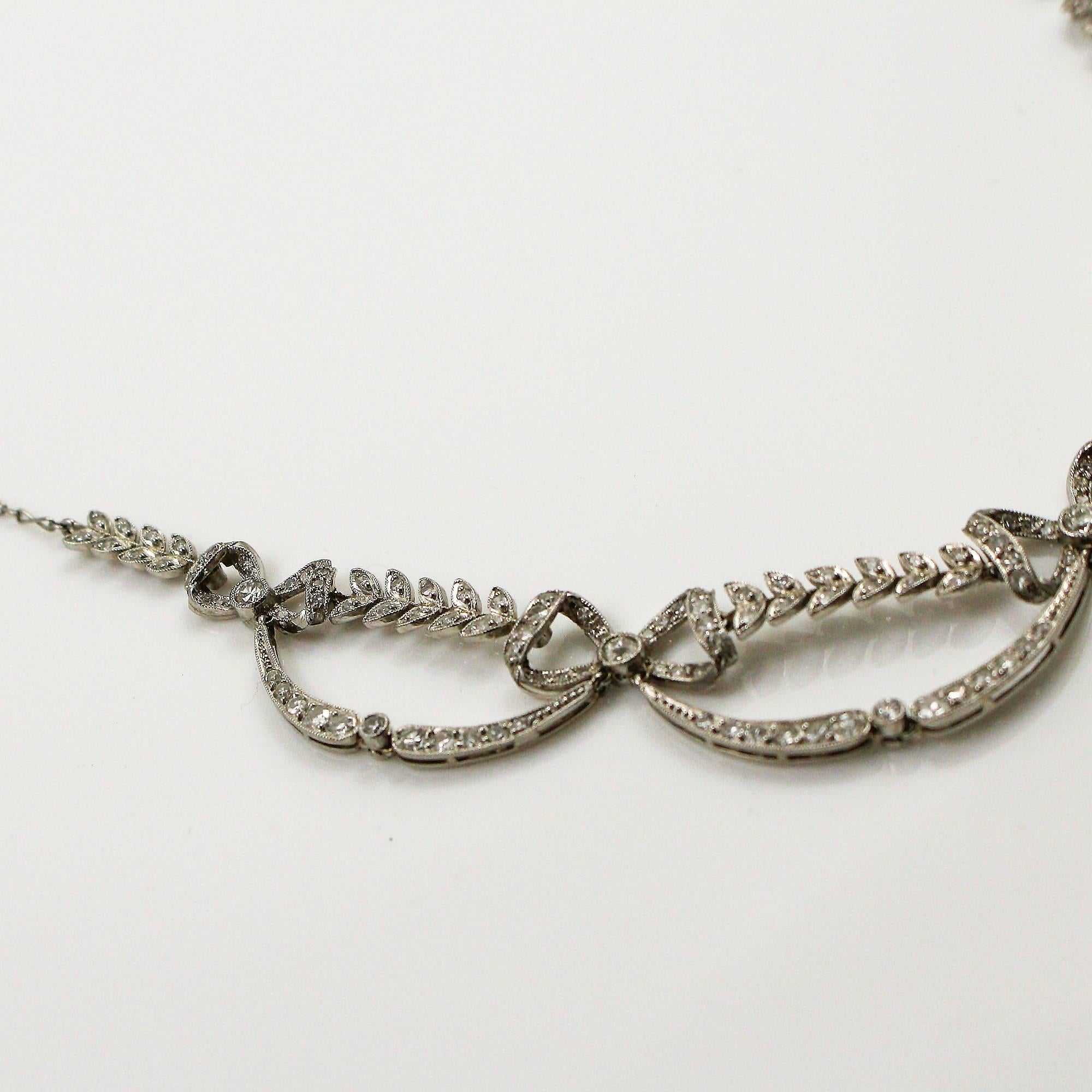Edwardian Platinum And Diamond Bow and Leaf Motif Necklace 6