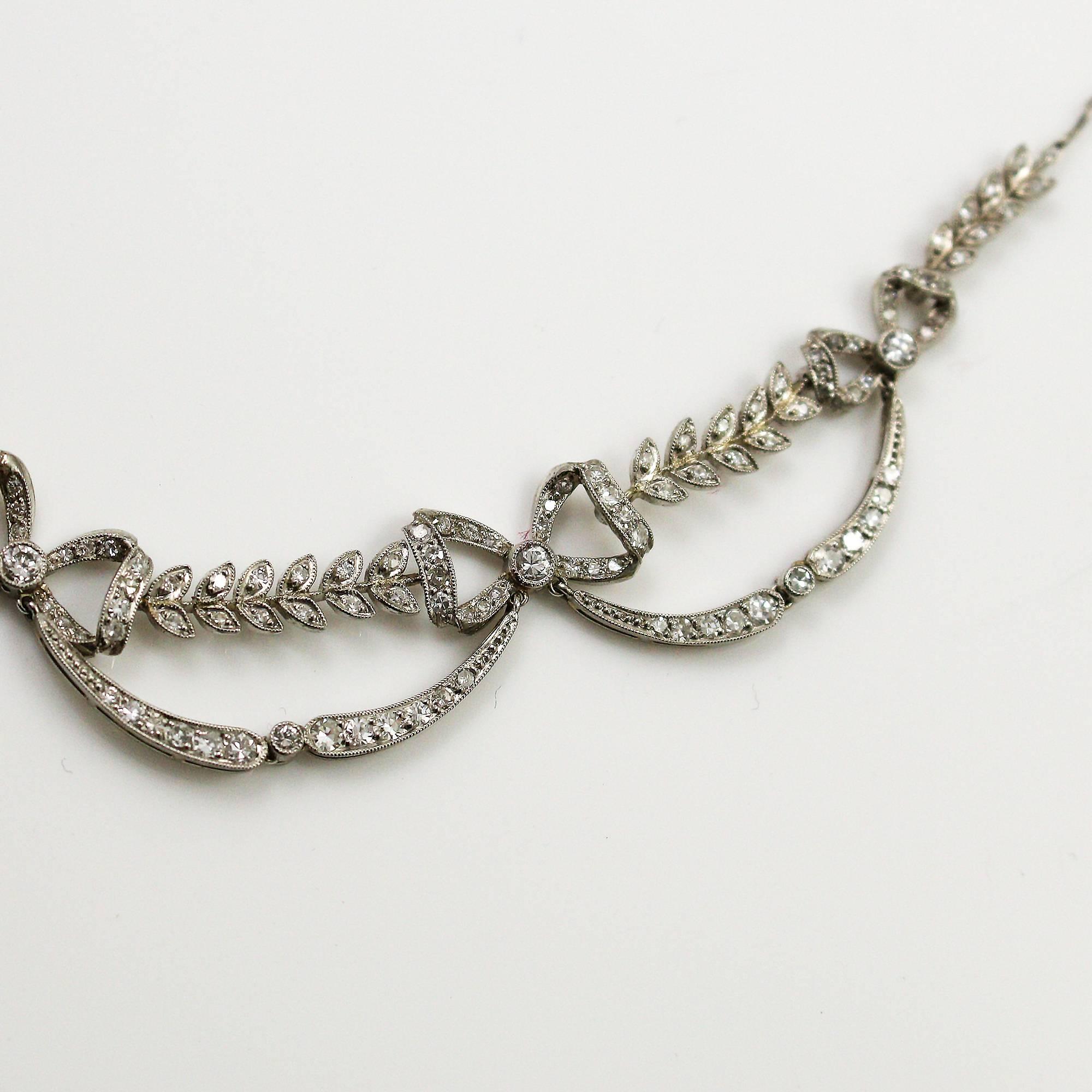 Edwardian Platinum And Diamond Bow and Leaf Motif Necklace 5