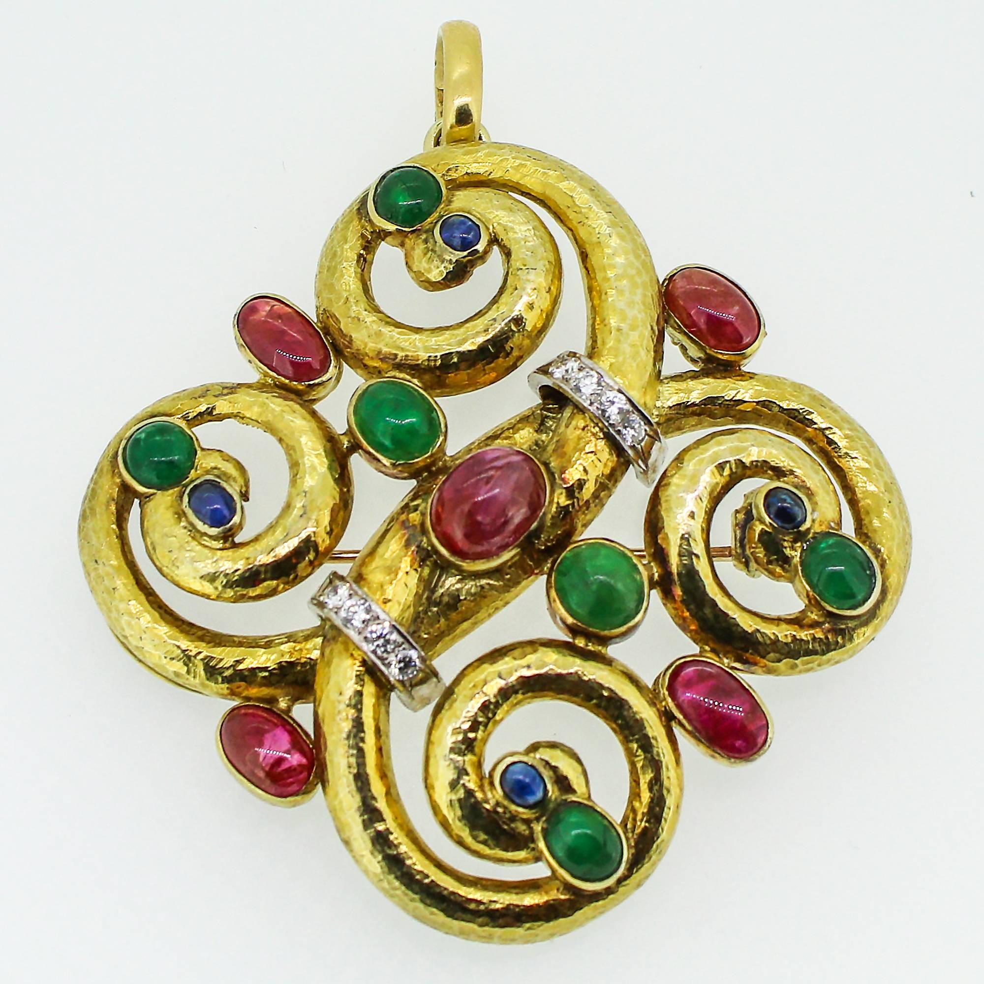 Cabochon Modernist 14k Yellow Gold Emerald, Ruby, Sapphire and Diamond Pendant/Brooch