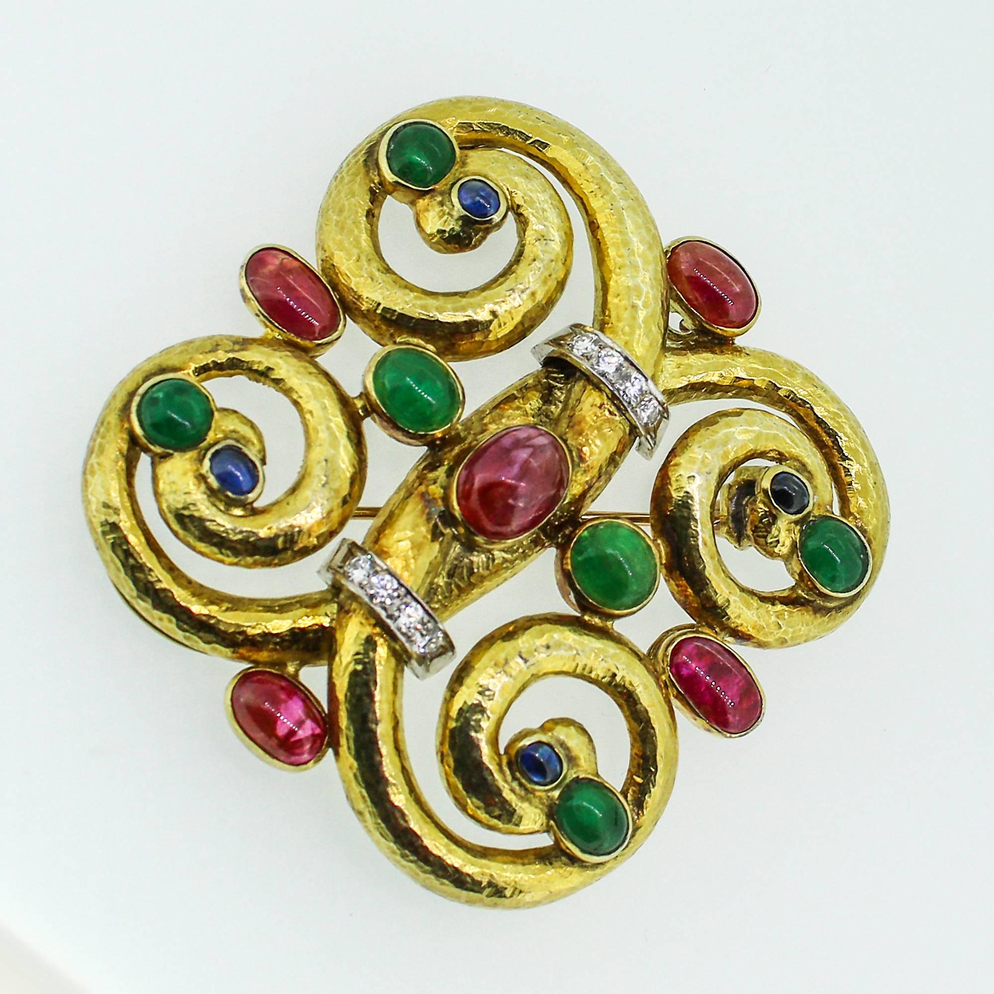 Women's or Men's Modernist 14k Yellow Gold Emerald, Ruby, Sapphire and Diamond Pendant/Brooch