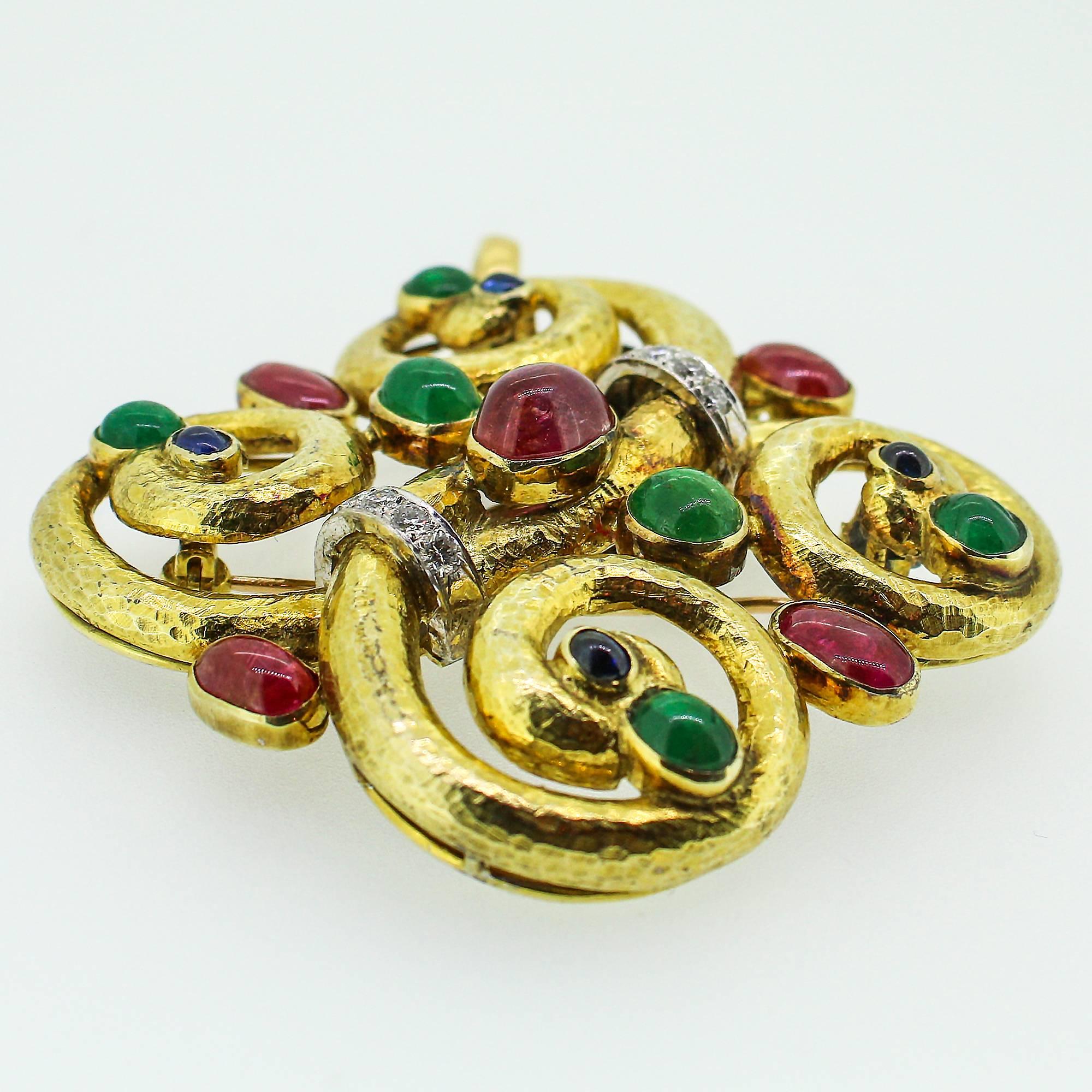 Modernist 14k Yellow Gold Emerald, Ruby, Sapphire and Diamond Pendant/Brooch In Excellent Condition In Birmingham, AL