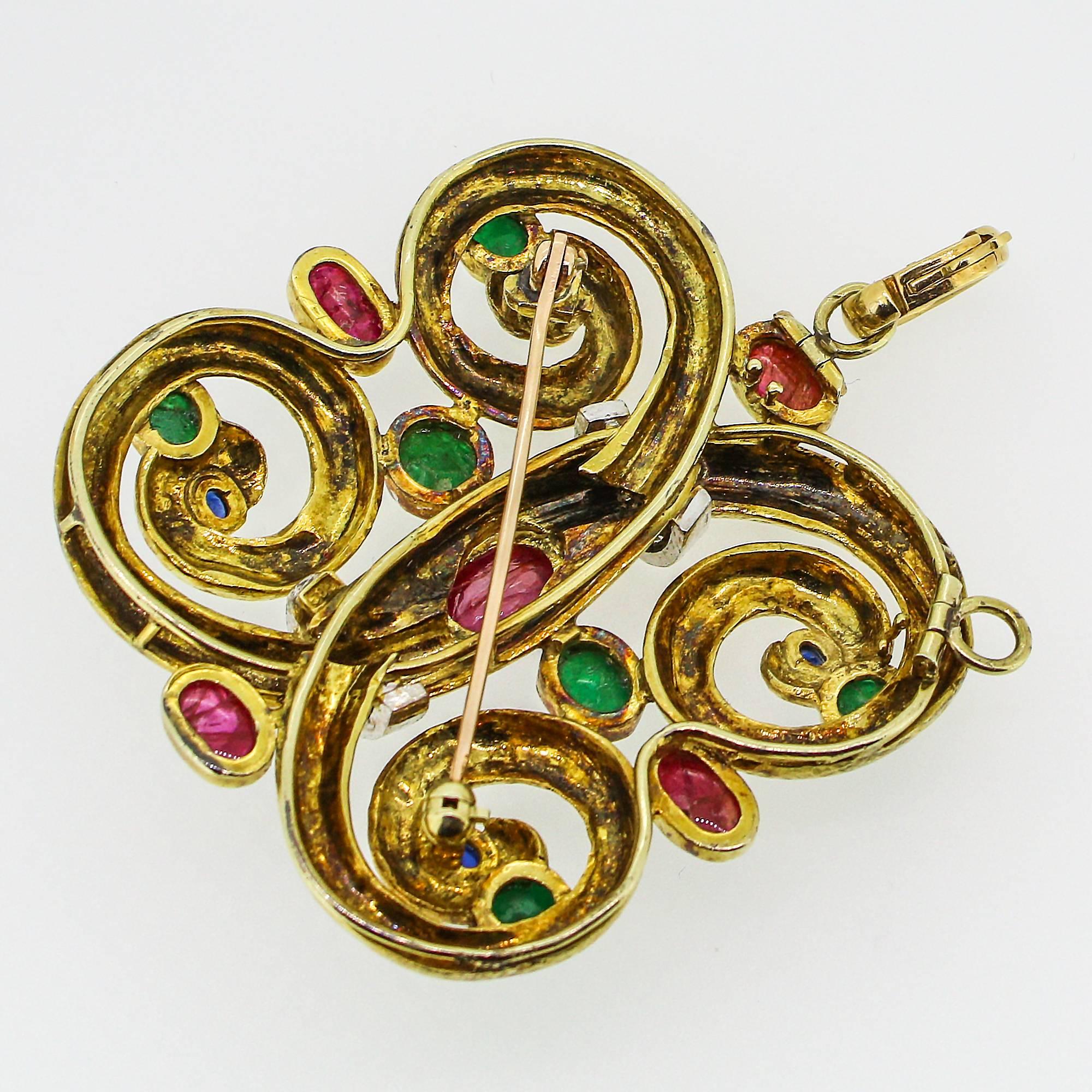 Modernist 14k Yellow Gold Emerald, Ruby, Sapphire and Diamond Pendant/Brooch 1